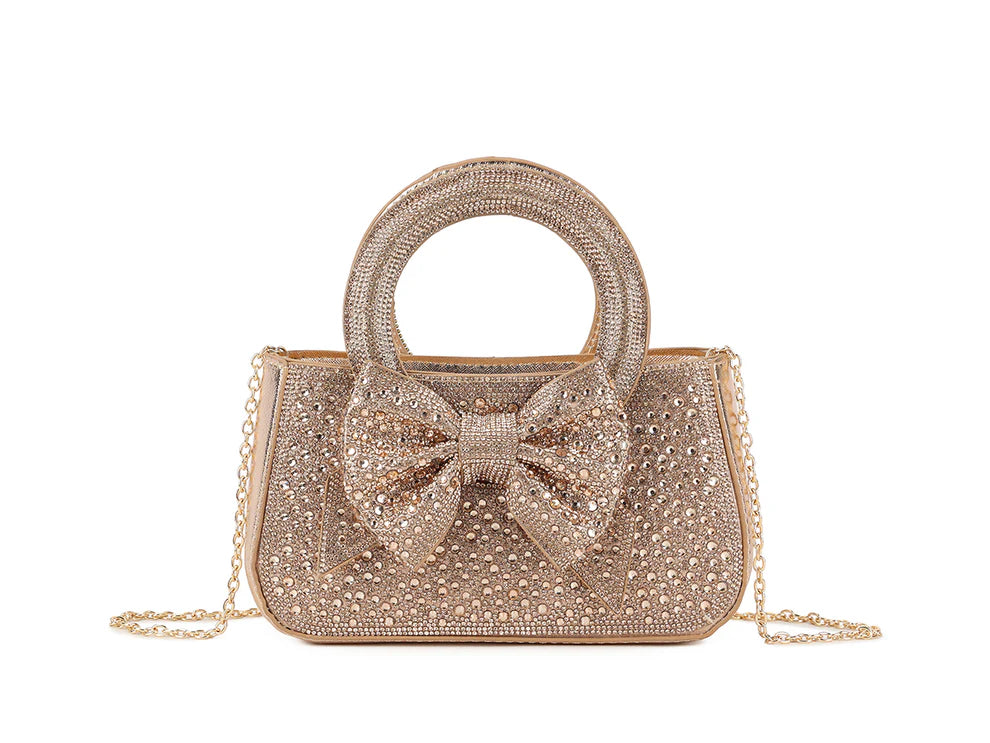 DerightFS Luxury Crystal Bow Evening Bag – Rhinestone Top Handle Clutch with Chain Strap (Gold, Silver, Black, Rose Gold)