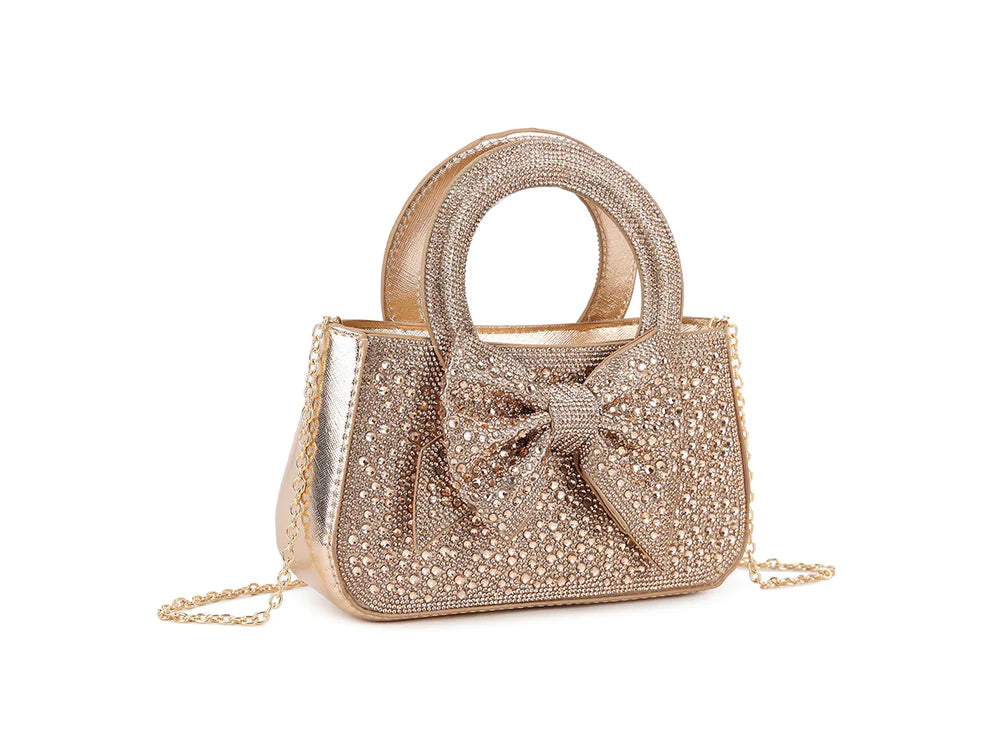 DerightFS Luxury Crystal Bow Evening Bag – Rhinestone Top Handle Clutch with Chain Strap (Gold, Silver, Black, Rose Gold)