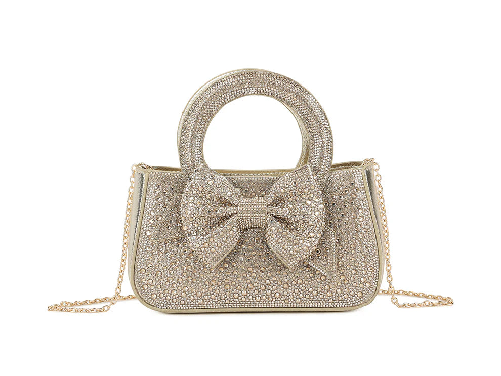 DerightFS Luxury Crystal Bow Evening Bag – Rhinestone Top Handle Clutch with Chain Strap (Gold, Silver, Black, Rose Gold)