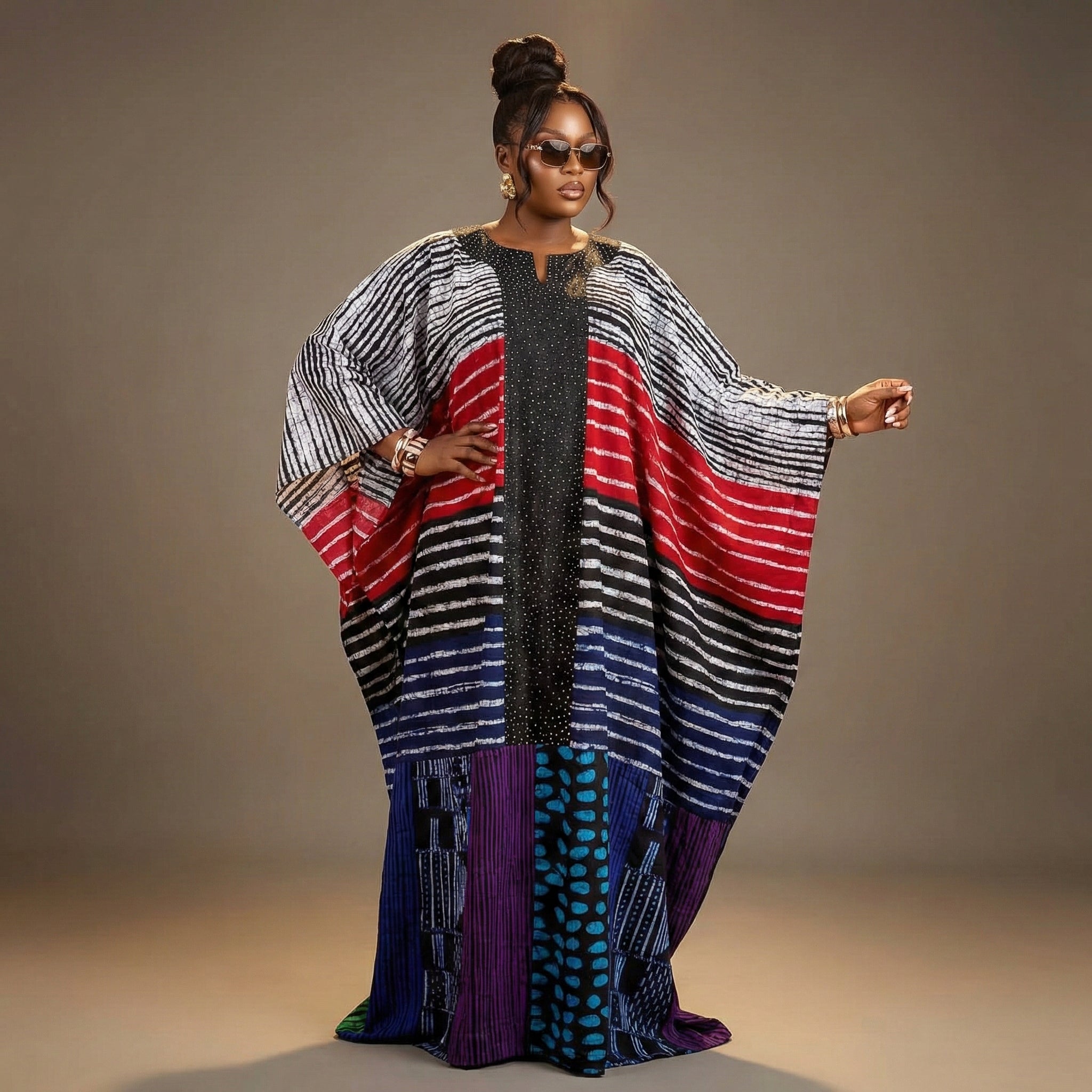 Luxury African Patchwork Kaftan Maxi Dress – Embellished Statement Boubou for Women (One Size fits all)