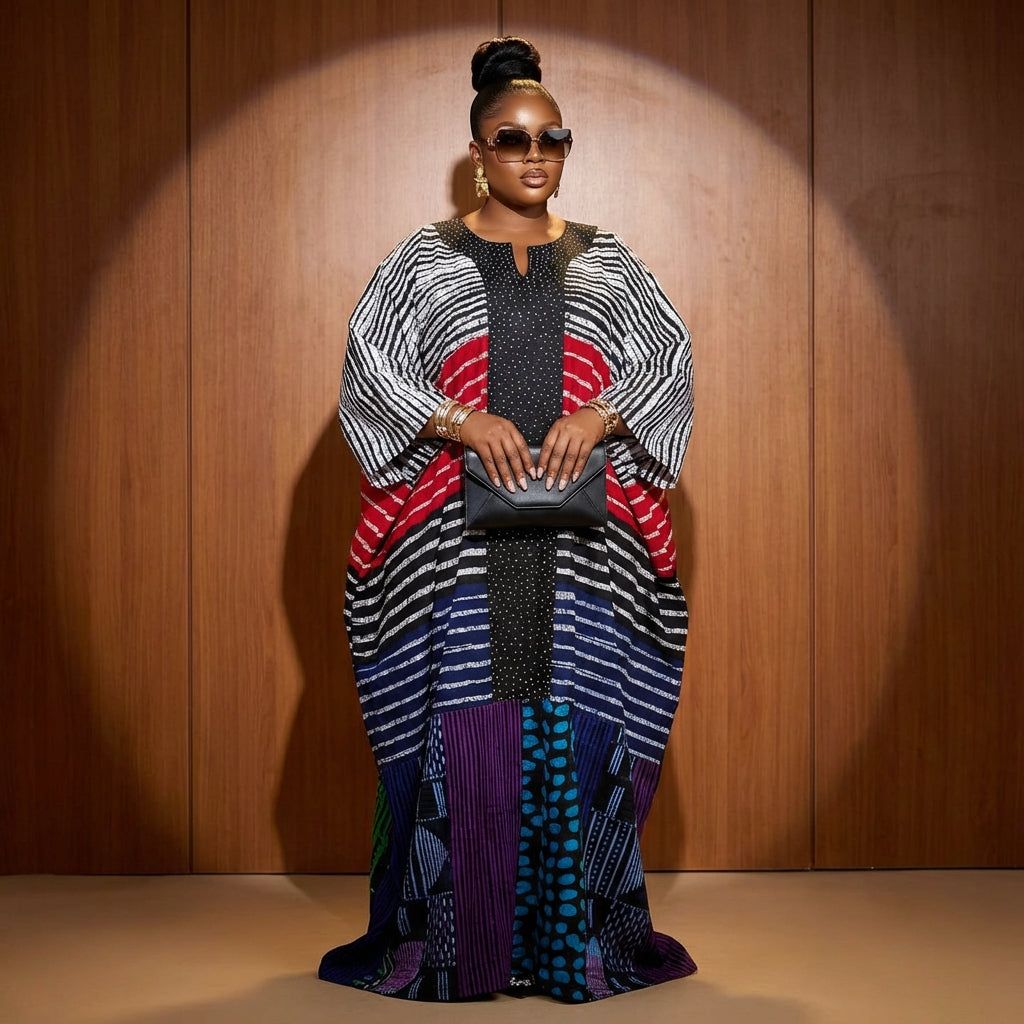 Luxury African Patchwork Kaftan Maxi Dress – Embellished Statement Boubou for Women (One Size fits all)