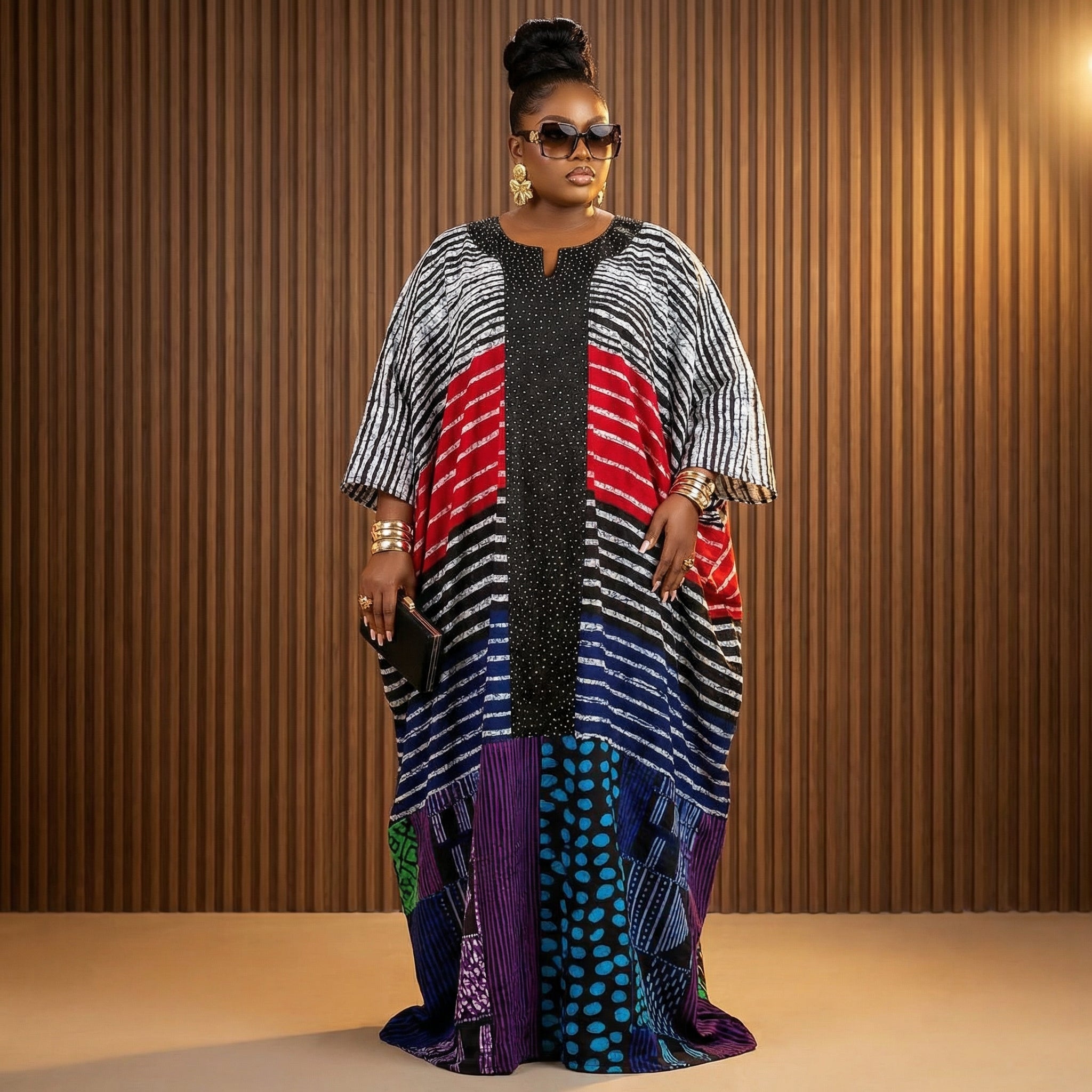 Luxury African Patchwork Kaftan Maxi Dress – Embellished Statement Boubou for Women (One Size fits all)