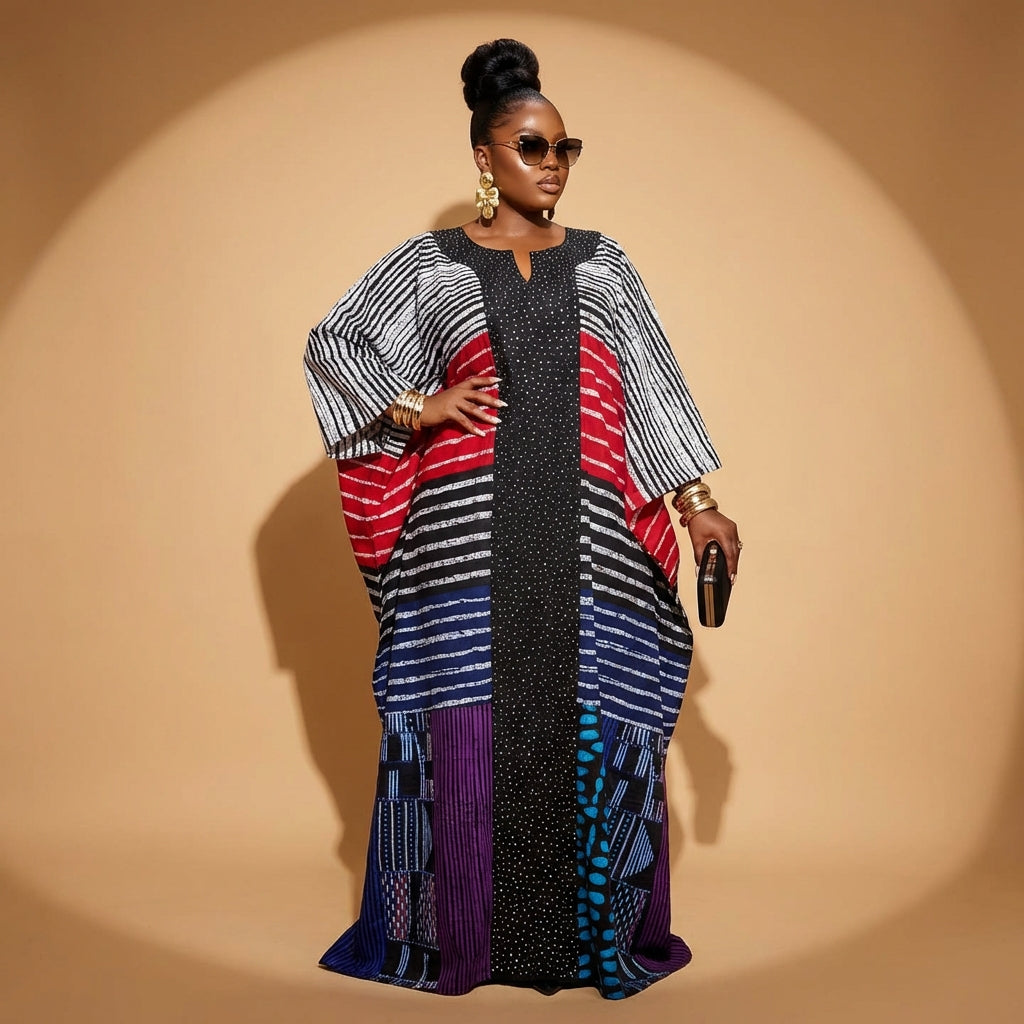 Luxury African Patchwork Kaftan Maxi Dress – Embellished Statement Boubou for Women (One Size fits all)