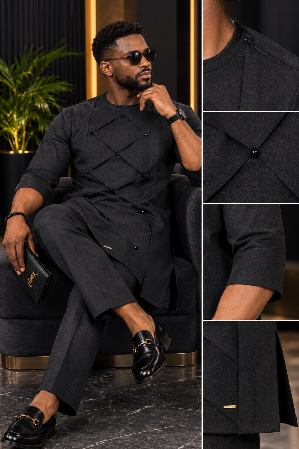 Men’s Black Geometric Tunic Set with Matching Trousers | Luxury African Menswear