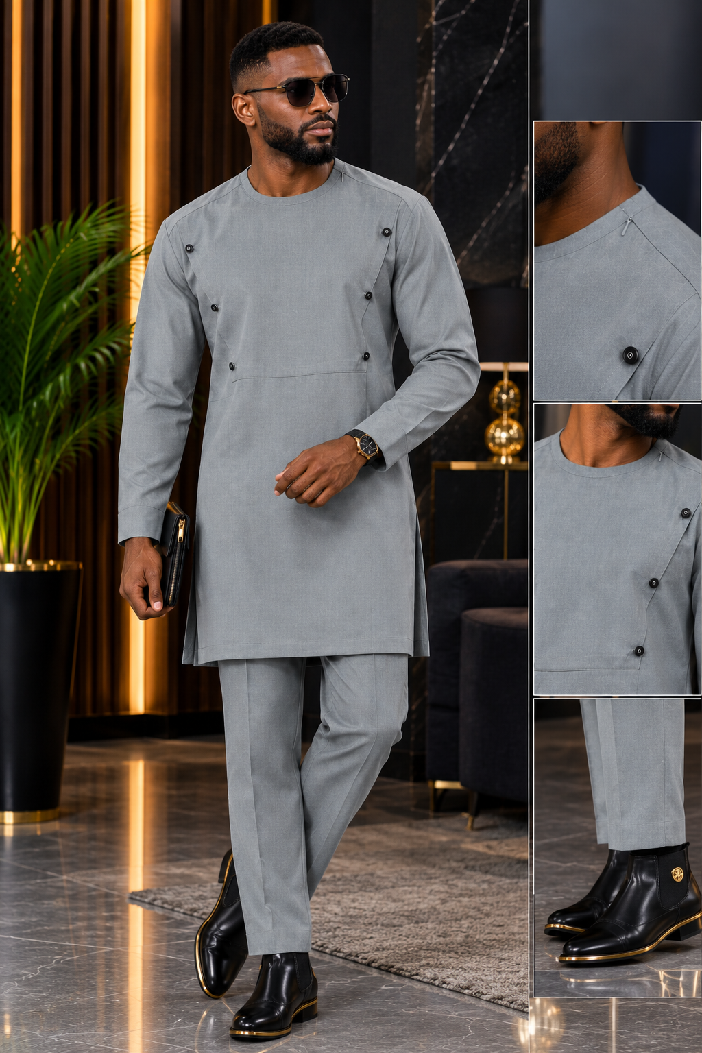 Men’s Luxury Grey Tunic Set with Matching Trousers and Button Details | DerightFS
