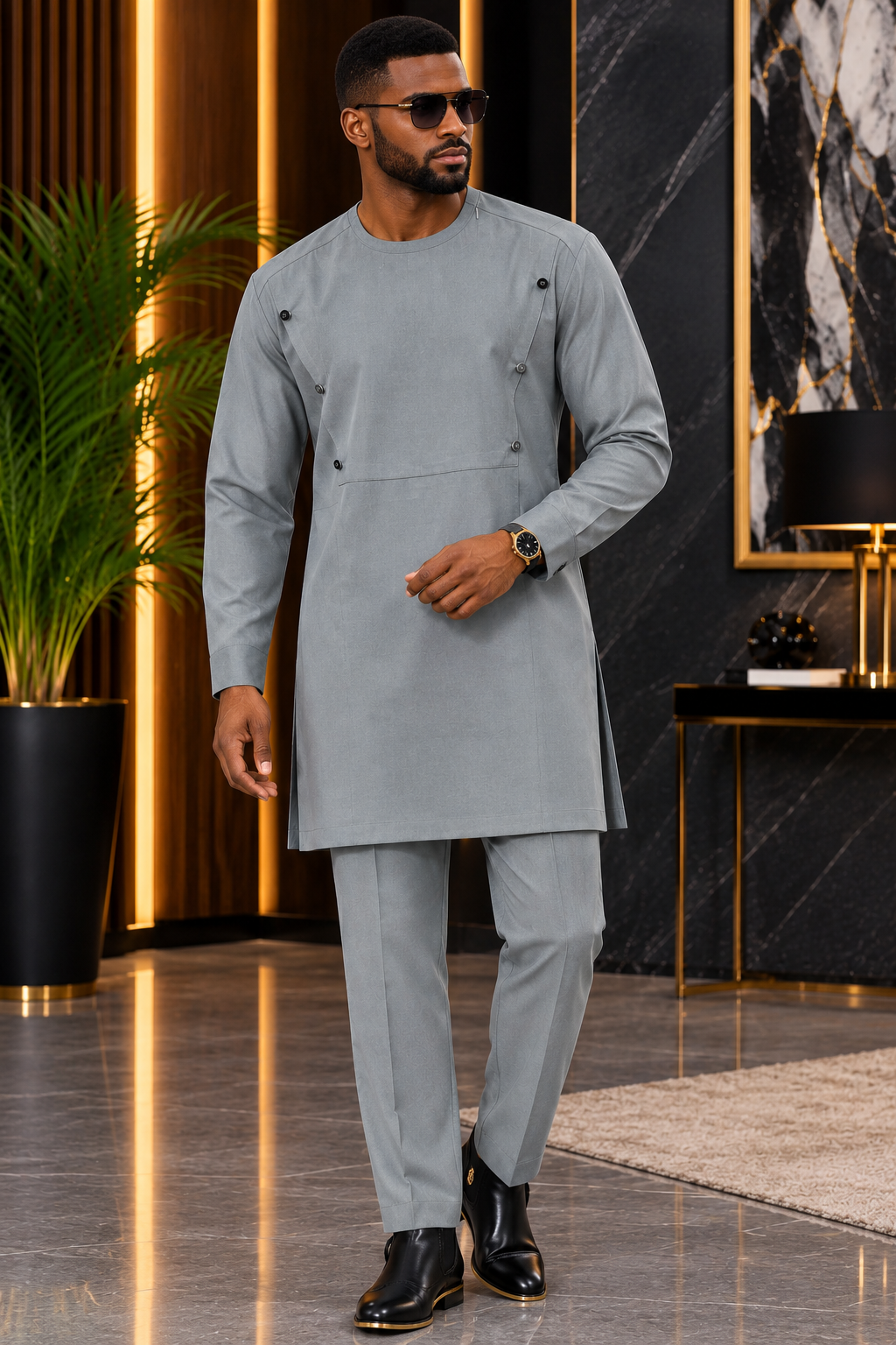 Men’s Luxury Grey Tunic Set with Matching Trousers and Button Details | DerightFS
