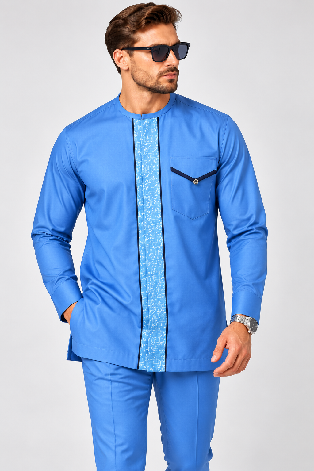 Men's Azure Blue Senator Outfit with Printed Placket – 2-Piece Nigerian Wear