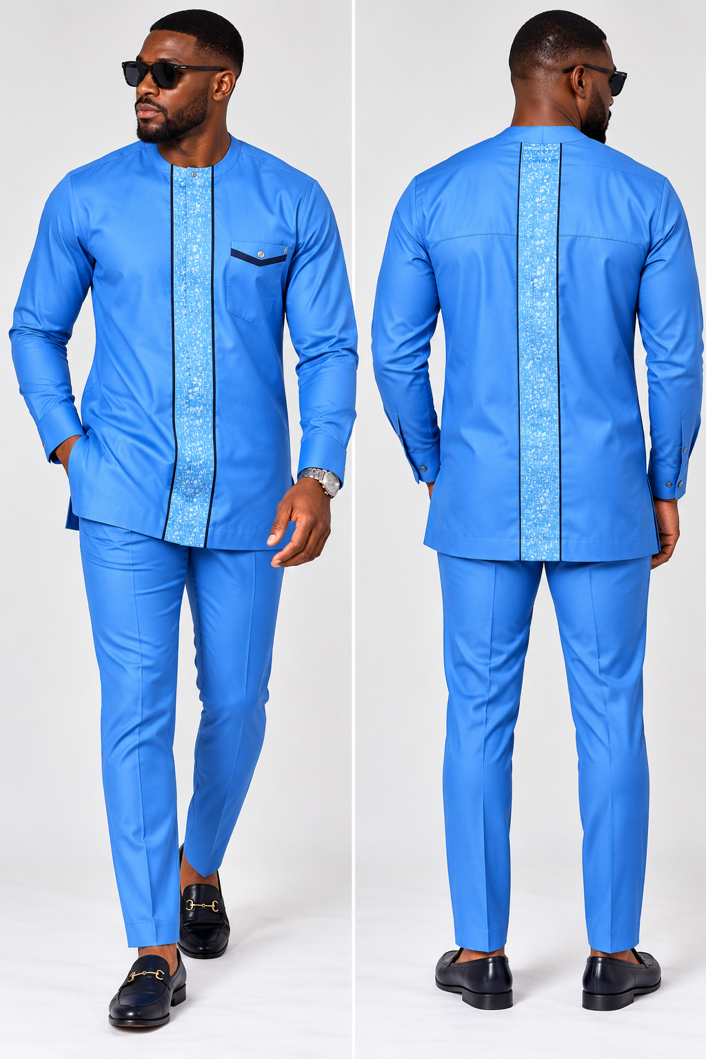 Men's Azure Blue Senator Outfit with Printed Placket – 2-Piece Nigerian Wear