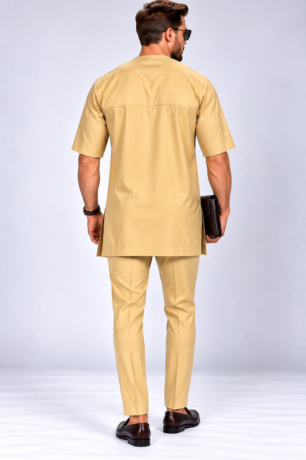 Men's Beige Short Sleeve Senator Suit with Brown Embroidery | African Native Wear UK