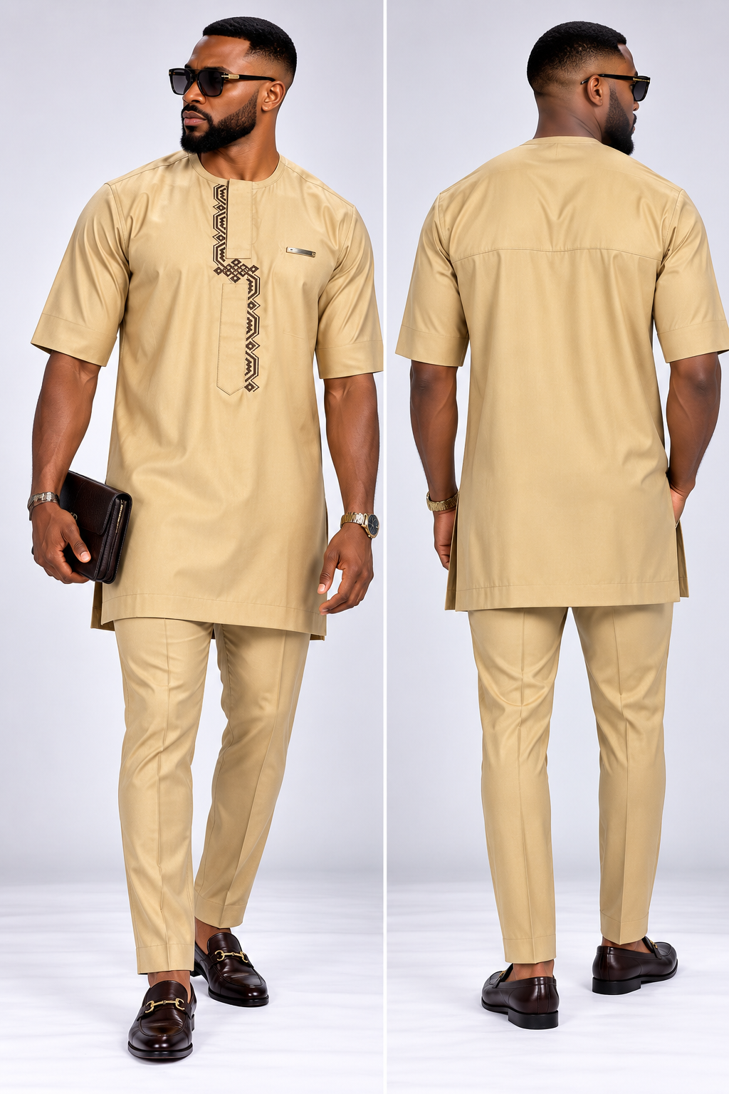Men's Beige Short Sleeve Senator Suit with Brown Embroidery | African Native Wear UK