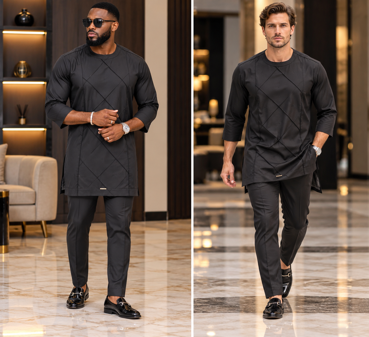 Men's Black Luxury Two-Piece Kaftan Set – Embellished African Senator Wear | DerightFS
