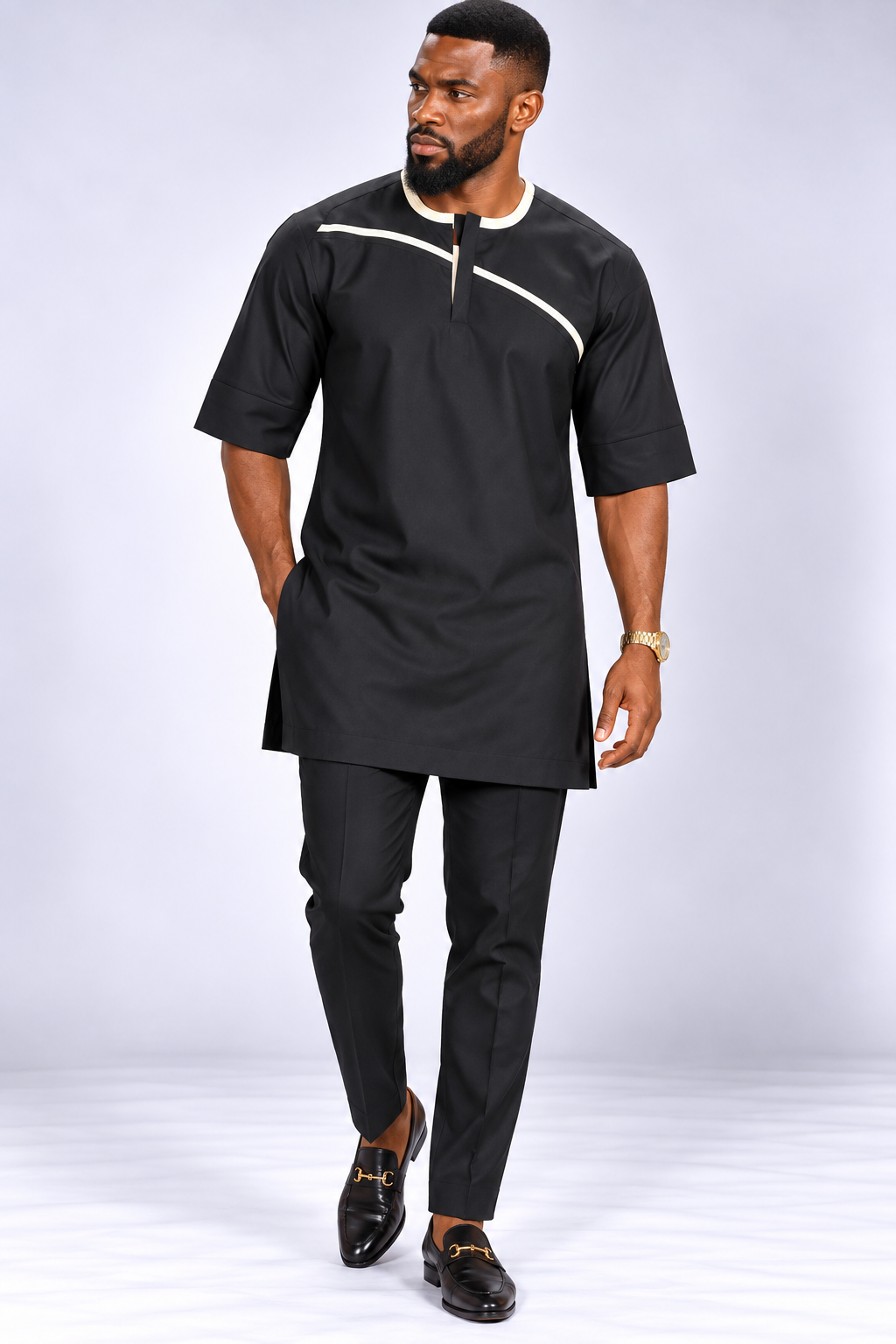 Men's Black Senator Suit with Cream Piping & Short Sleeves | African Native Wear UK