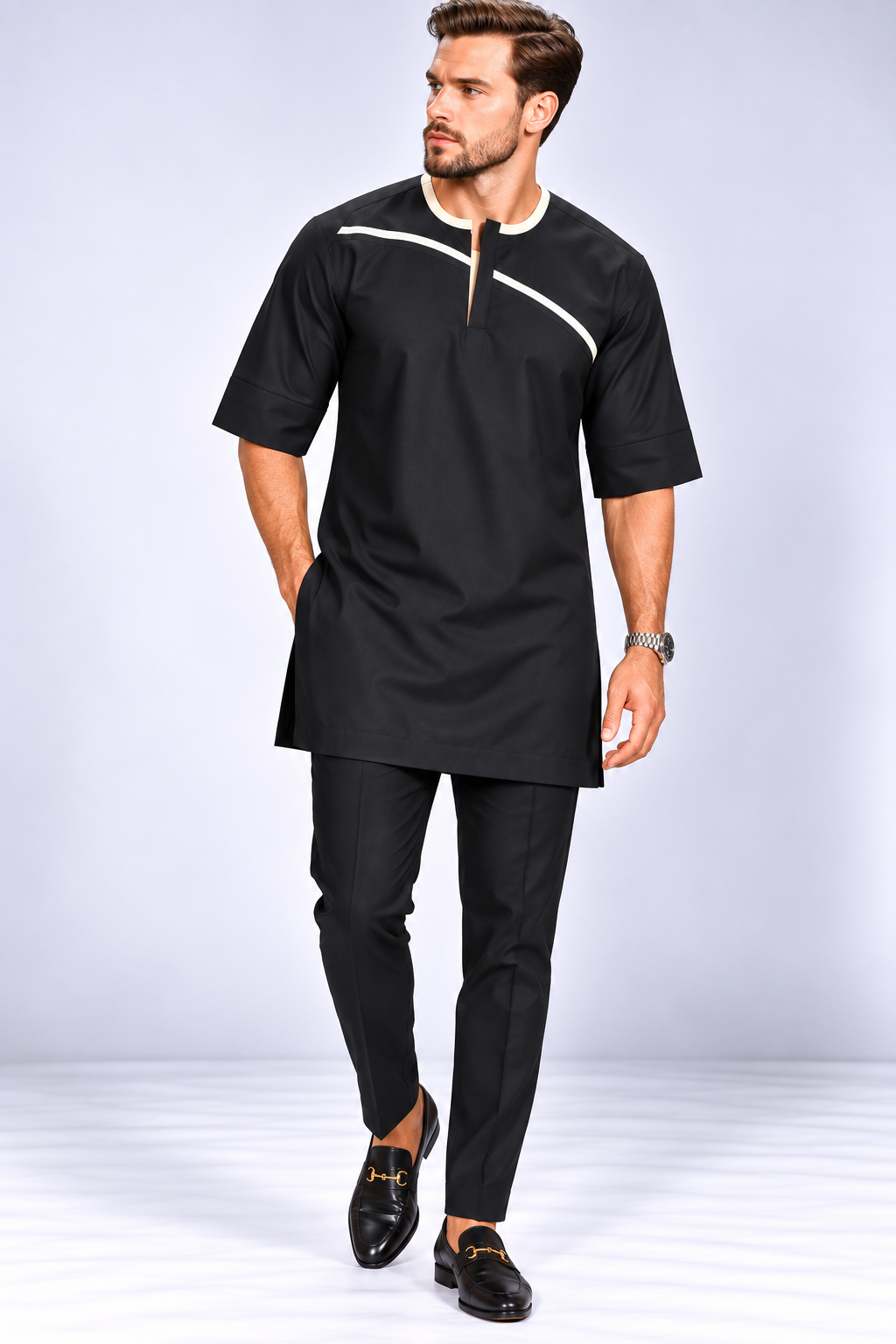 Men's Black Senator Suit with Cream Piping & Short Sleeves | African Native Wear UK