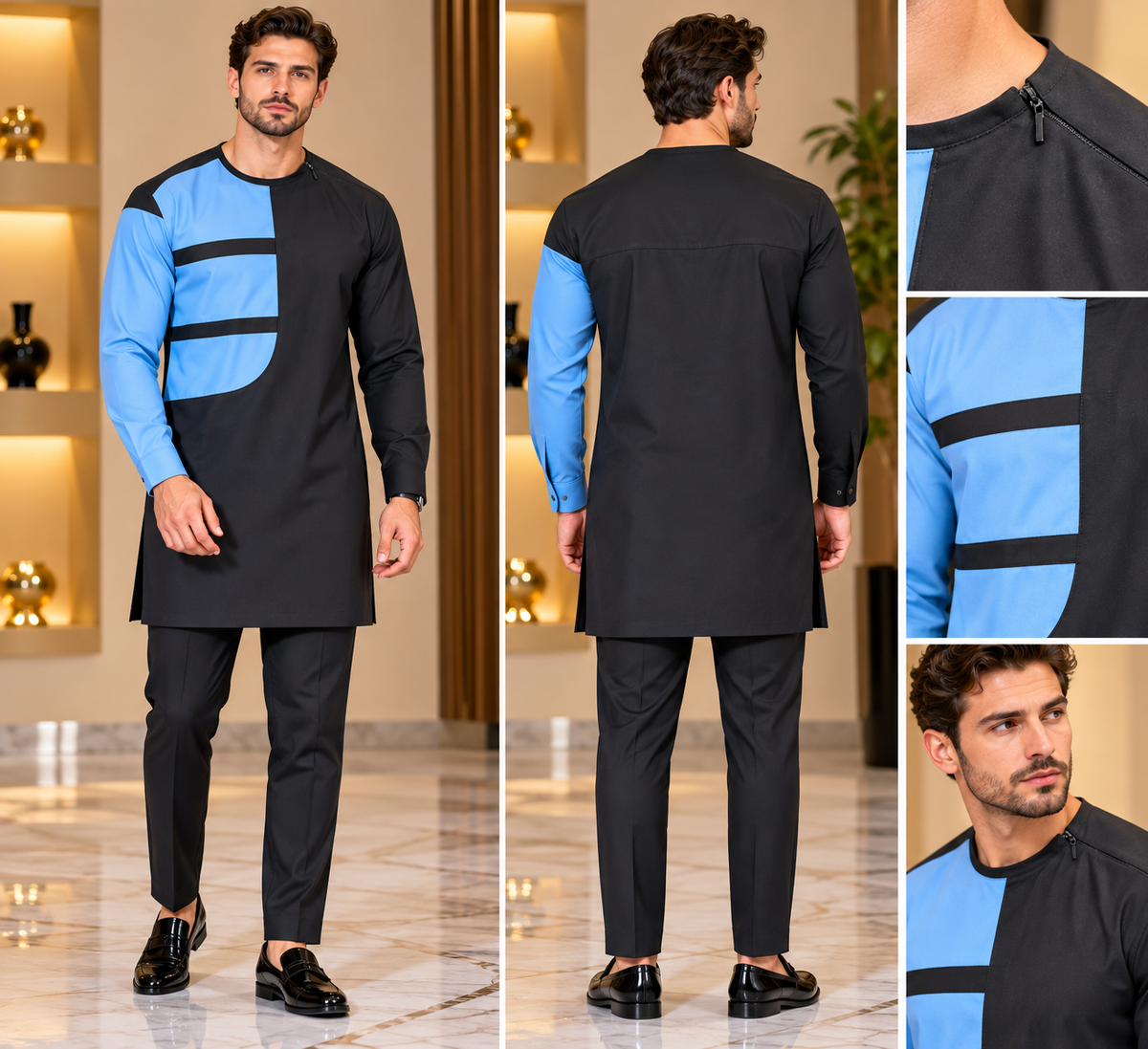 Men’s Black & Sky Blue African Kaftan Two Piece Set | Modern African Menswear