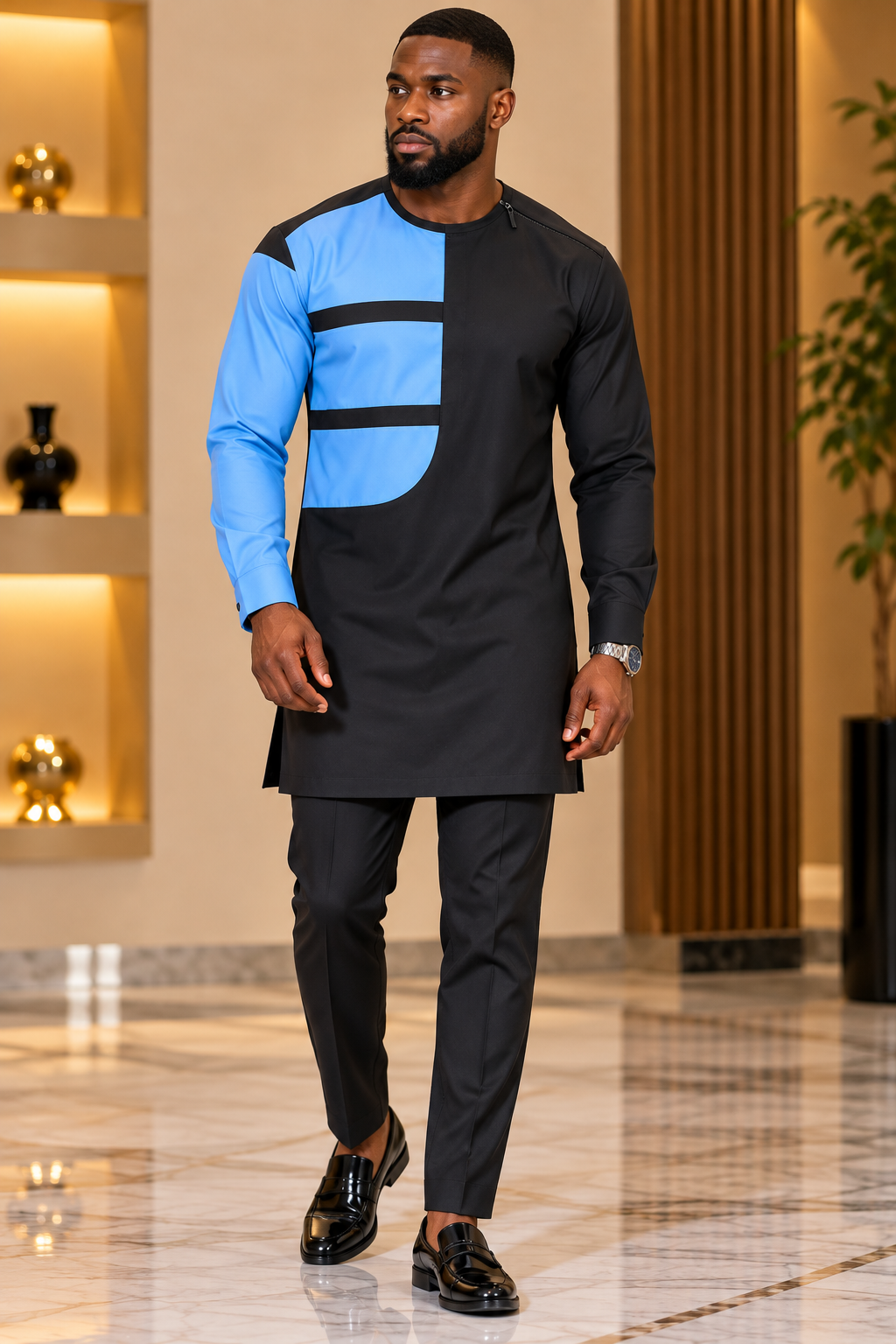 Men’s Black & Sky Blue African Kaftan Two Piece Set | Modern African Menswear