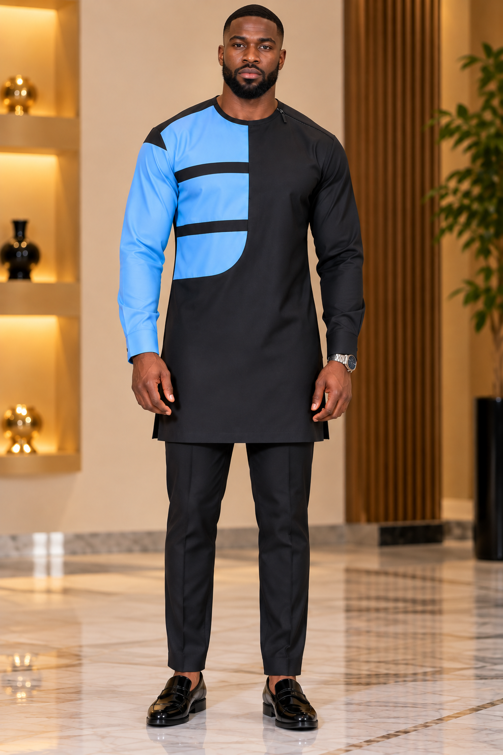 Men’s Black & Sky Blue African Kaftan Two Piece Set | Modern African Menswear
