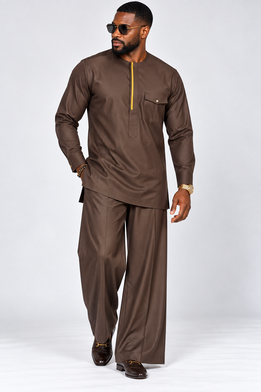 Men's Chocolate Brown Senator Outfit with Mustard Trim – Wide-Leg 2-Piece