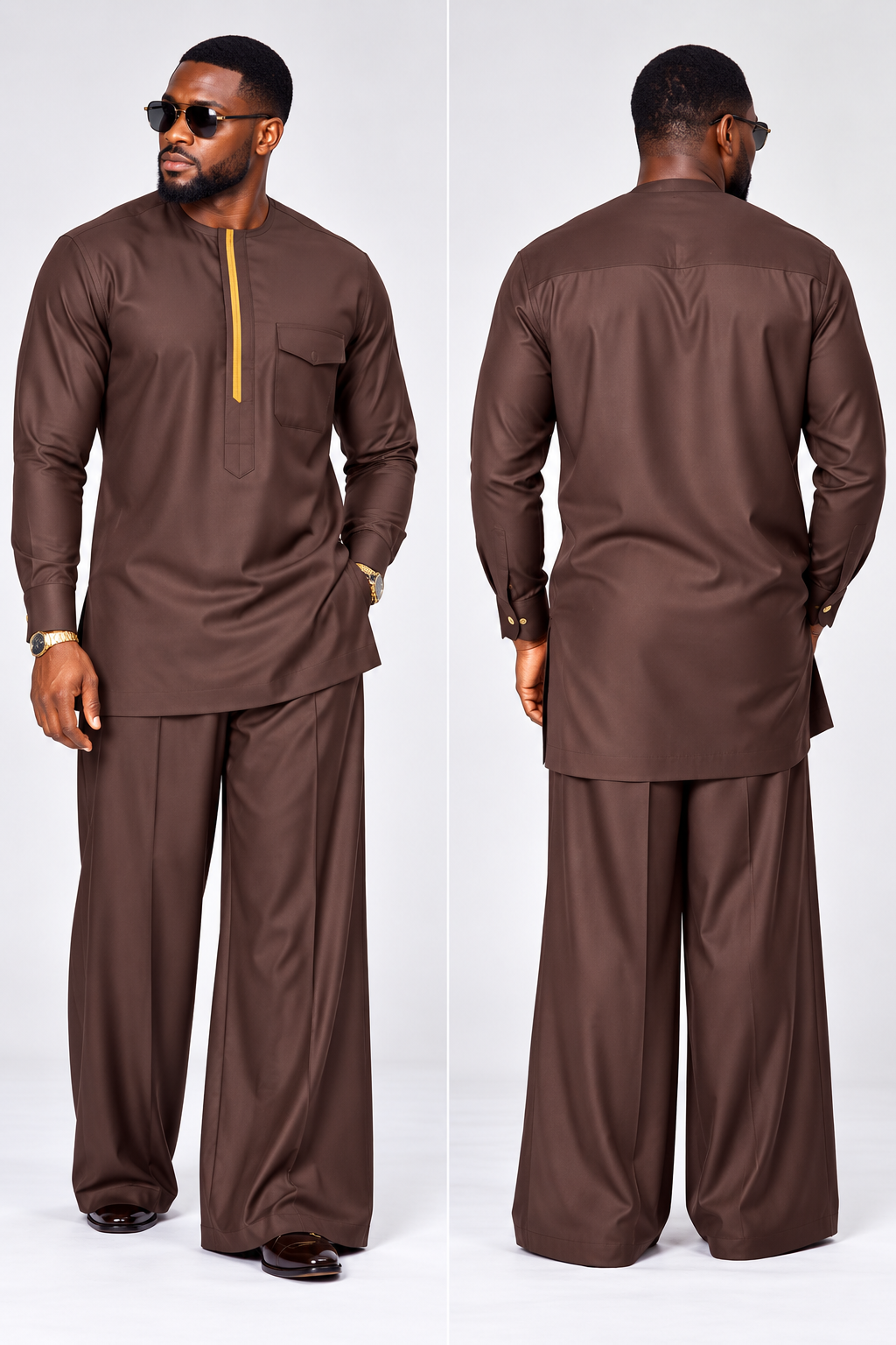 Men's Chocolate Brown Senator Outfit with Mustard Trim – Wide-Leg 2-Piece