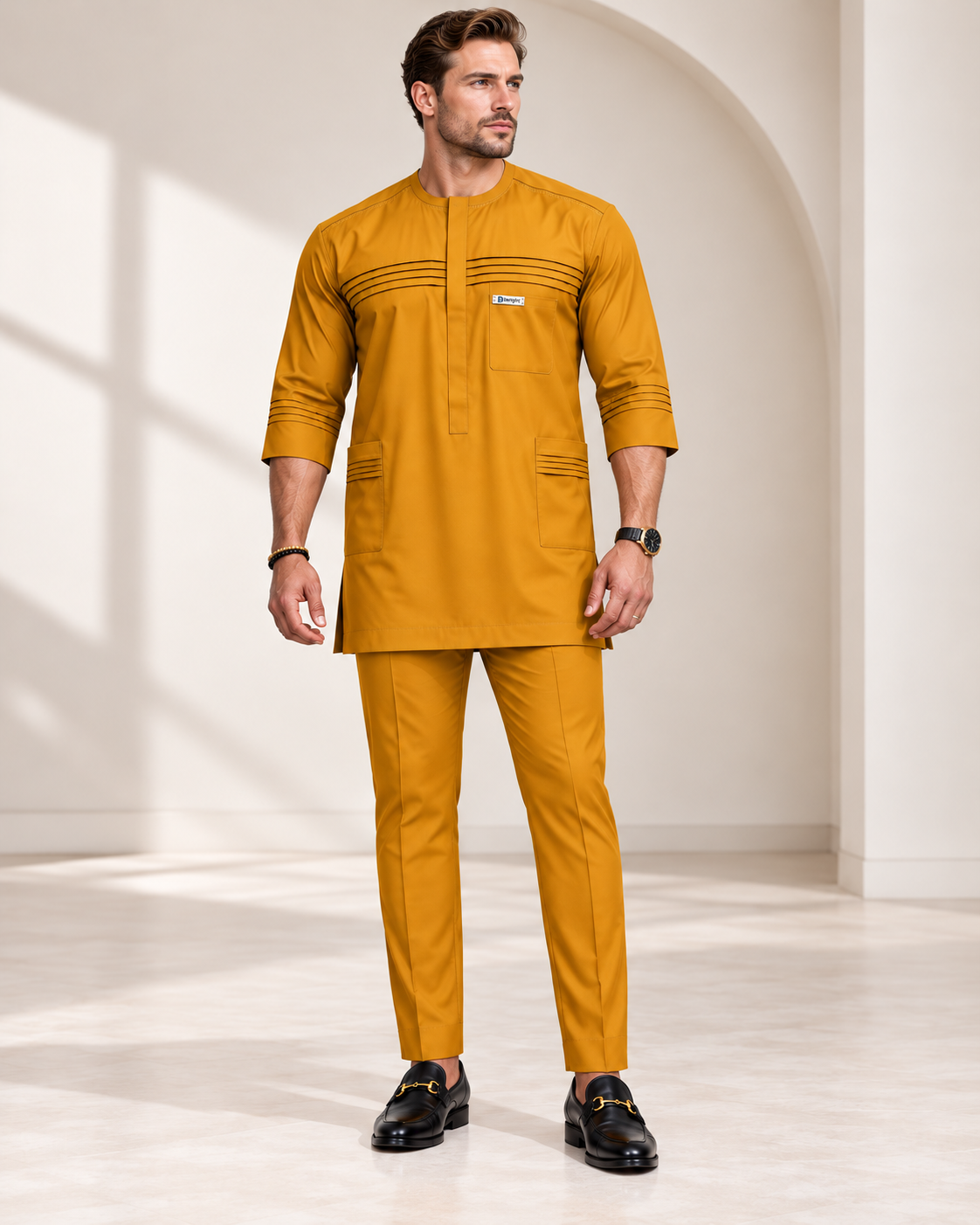 Men's Mustard Gold Two-Piece Kaftan Set – Luxury African Native Wear with Pocket Detailing | DerightFS