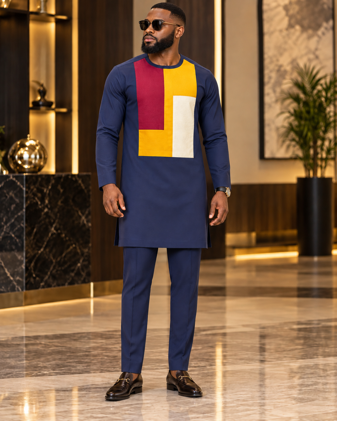 Men’s Navy Blue African Kaftan Two Piece Set with Burgundy, Mustard & Cream Detail