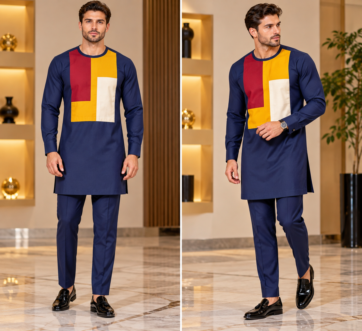 Men’s Navy Blue African Kaftan Two Piece Set with Burgundy, Mustard & Cream Detail