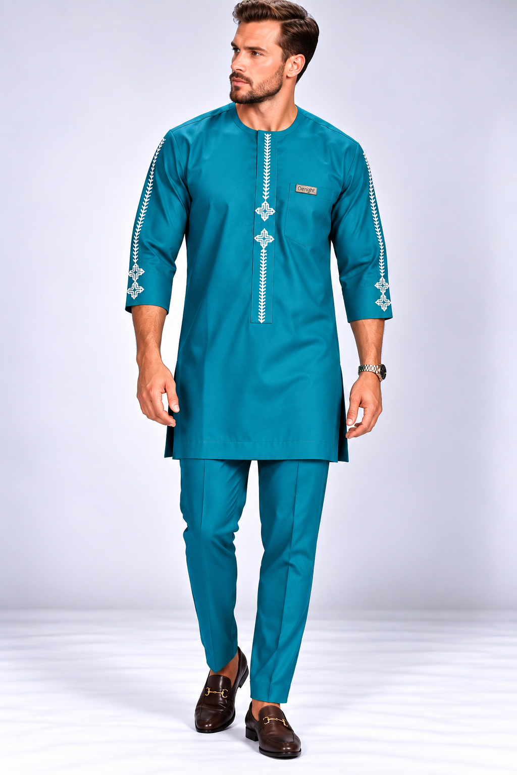 Men's Peacock Blue Senator Suit with White Embroidery & 3/4 Sleeves | African Native Wear UK