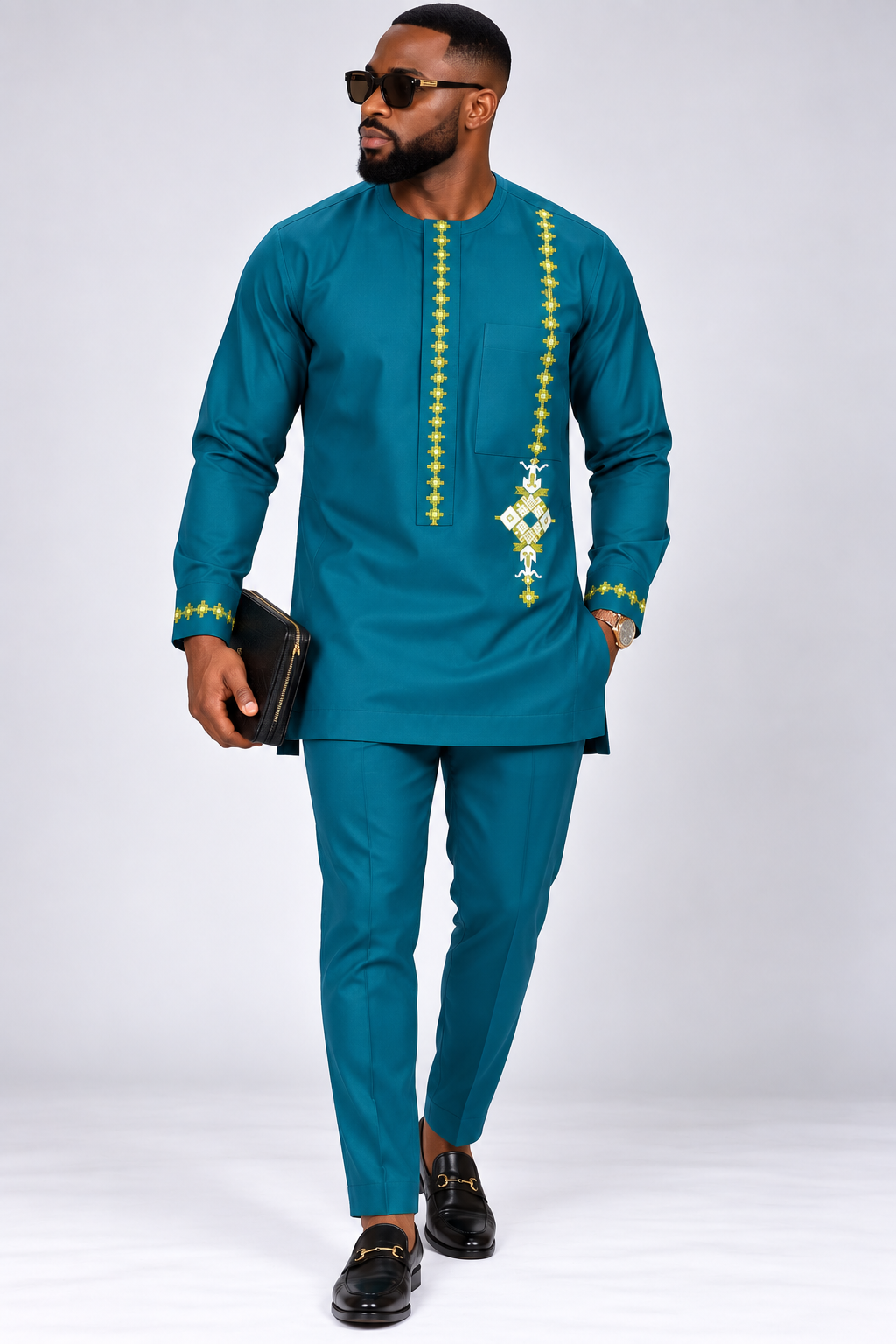 Men's Teal Senator Suit with Embroidered Detail | African Native Wear UK