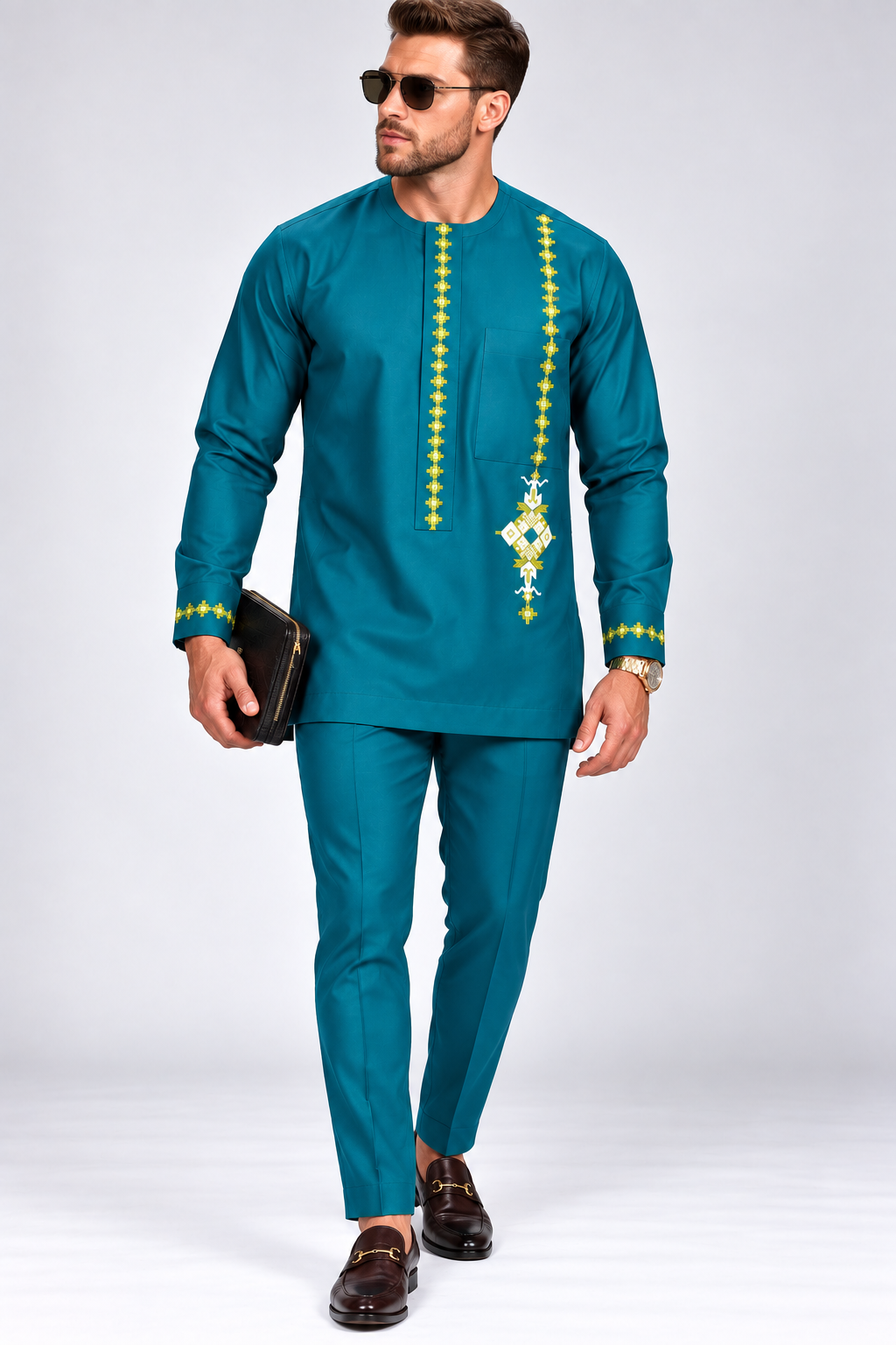 Men's Teal Senator Suit with Embroidered Detail | African Native Wear UK