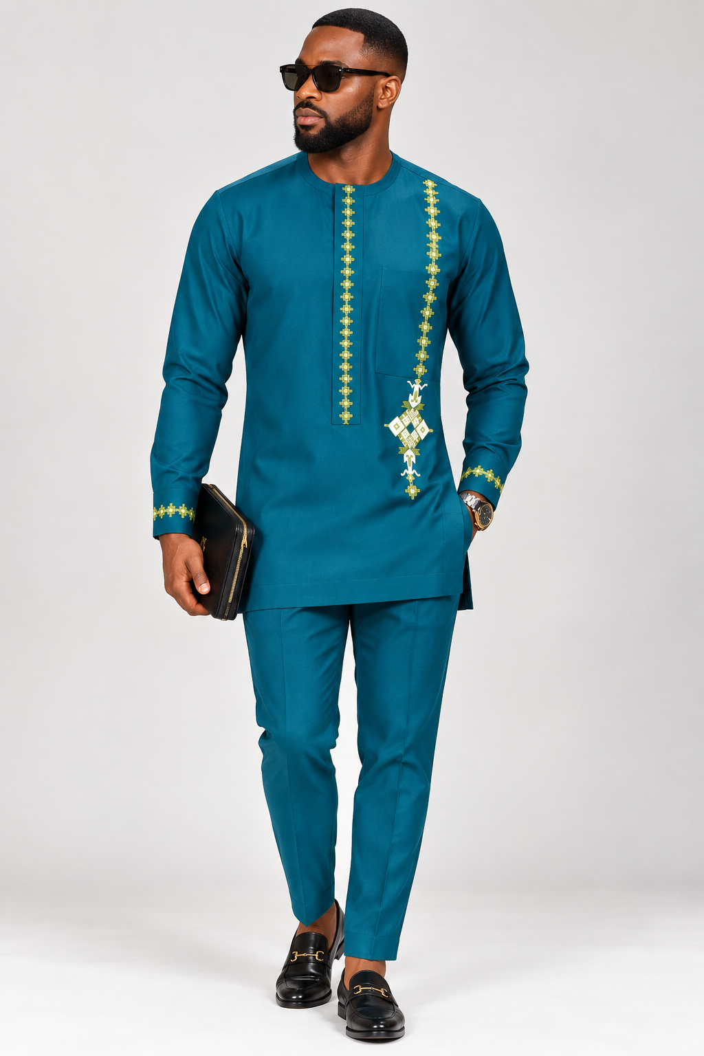 Men's Teal Senator Suit with Embroidered Detail | African Native Wear UK