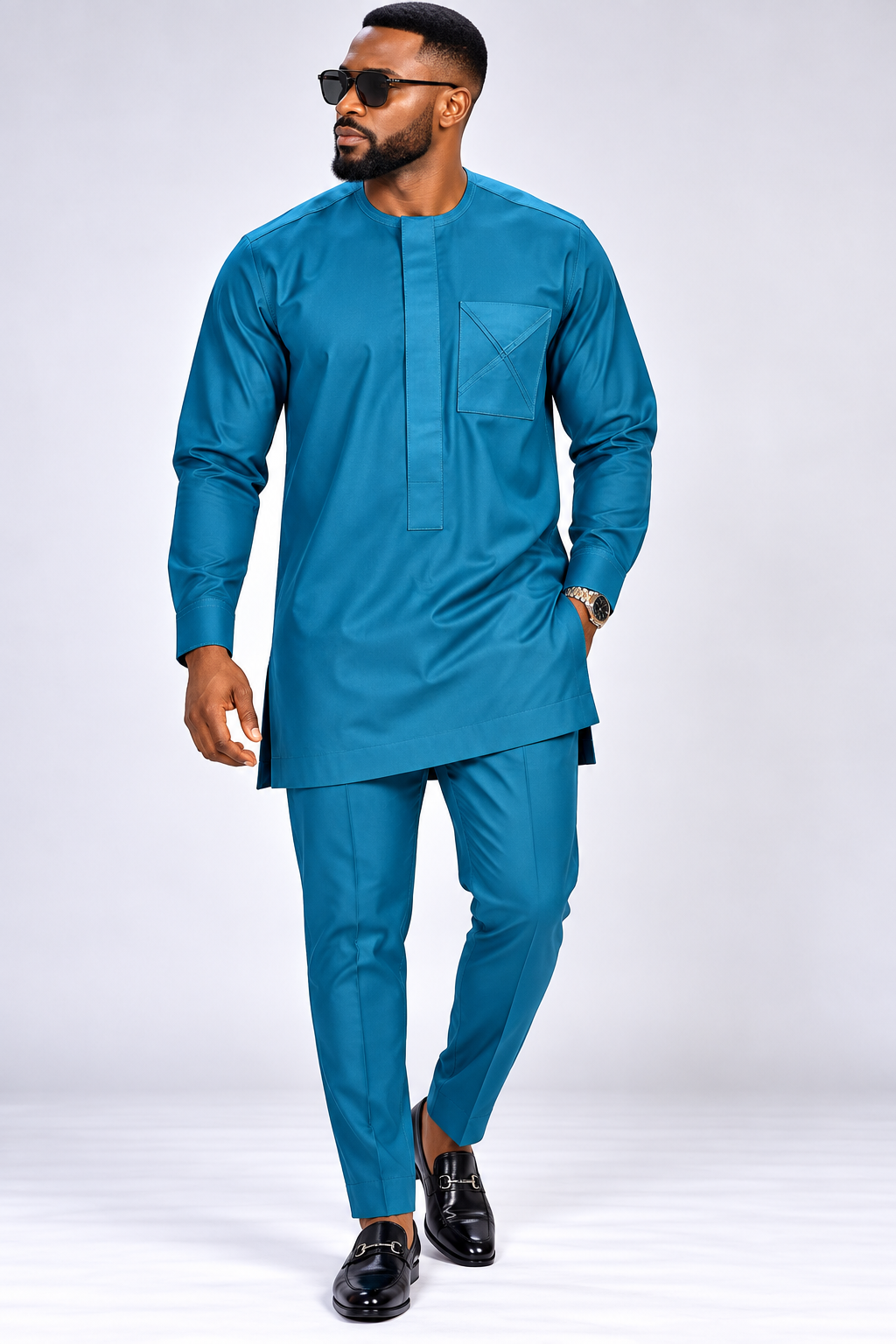 Men's Teal Long Kaftan Set with Mandarin Collar | African Native Wear UK