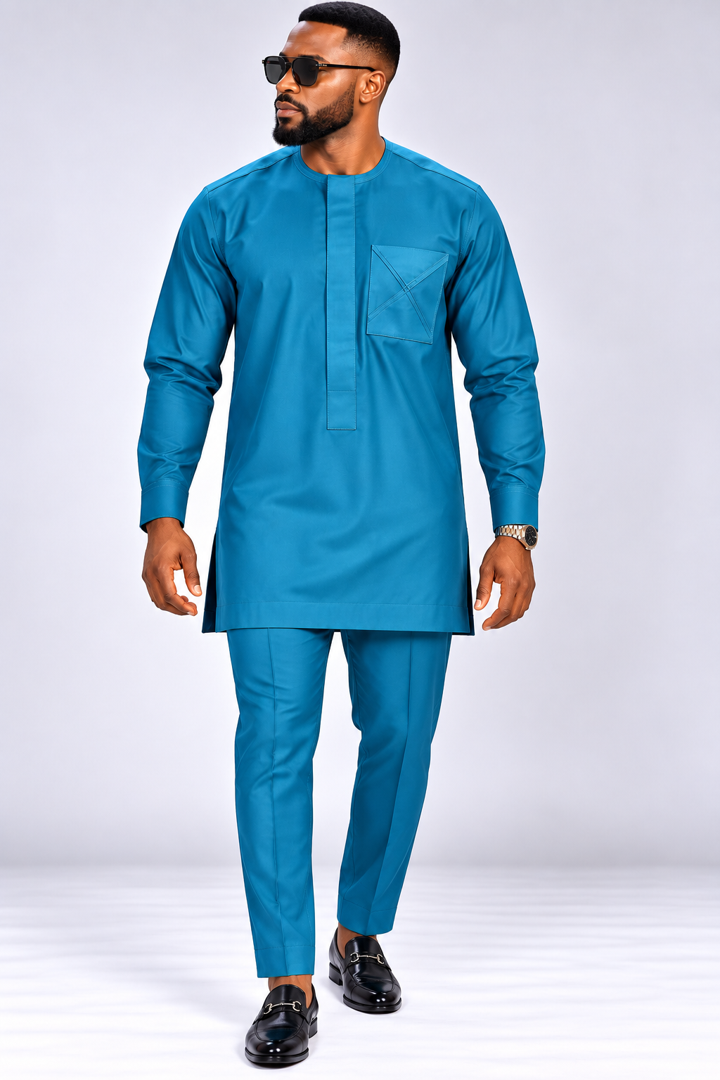 Men's Teal Long Kaftan Set with Mandarin Collar | African Native Wear UK