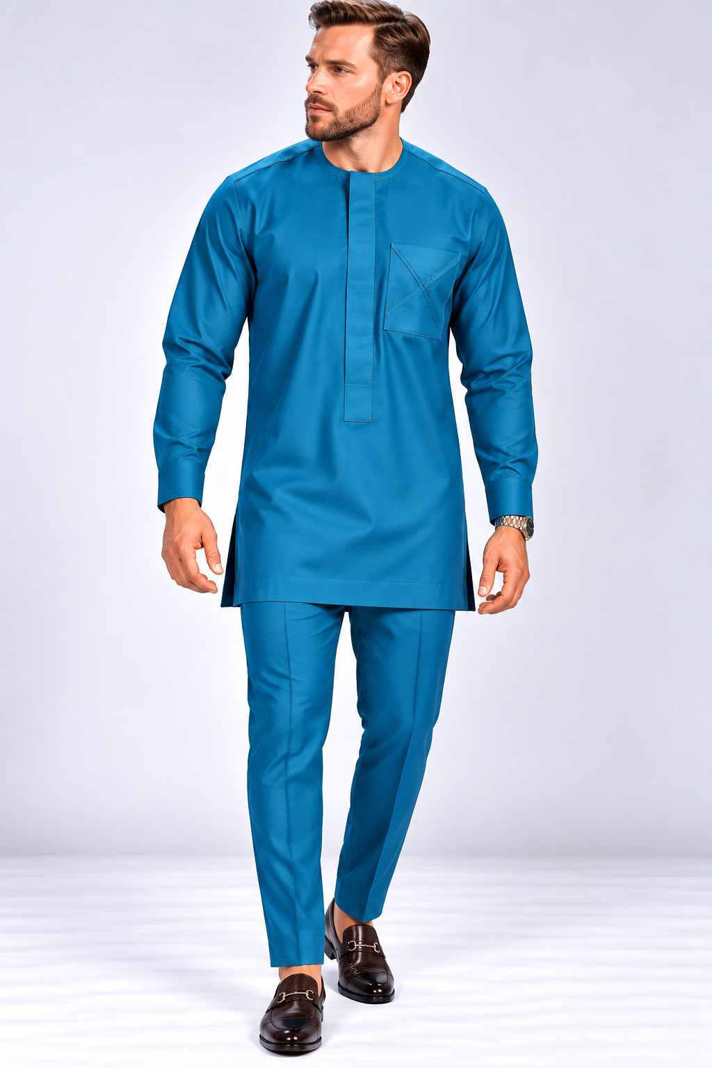 Men's Teal Long Kaftan Set with Mandarin Collar | African Native Wear UK