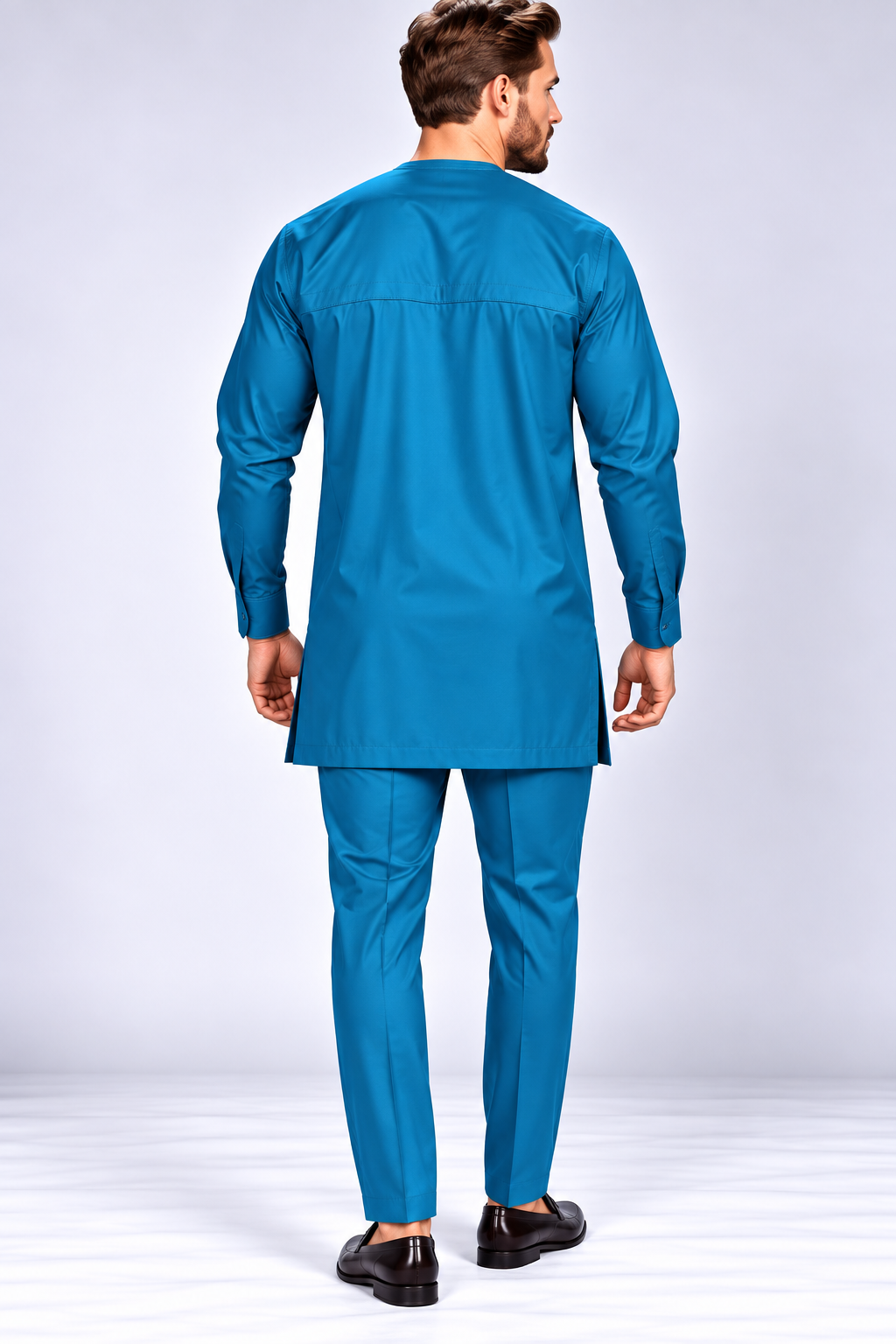 Men's Teal Long Kaftan Set with Mandarin Collar | African Native Wear UK