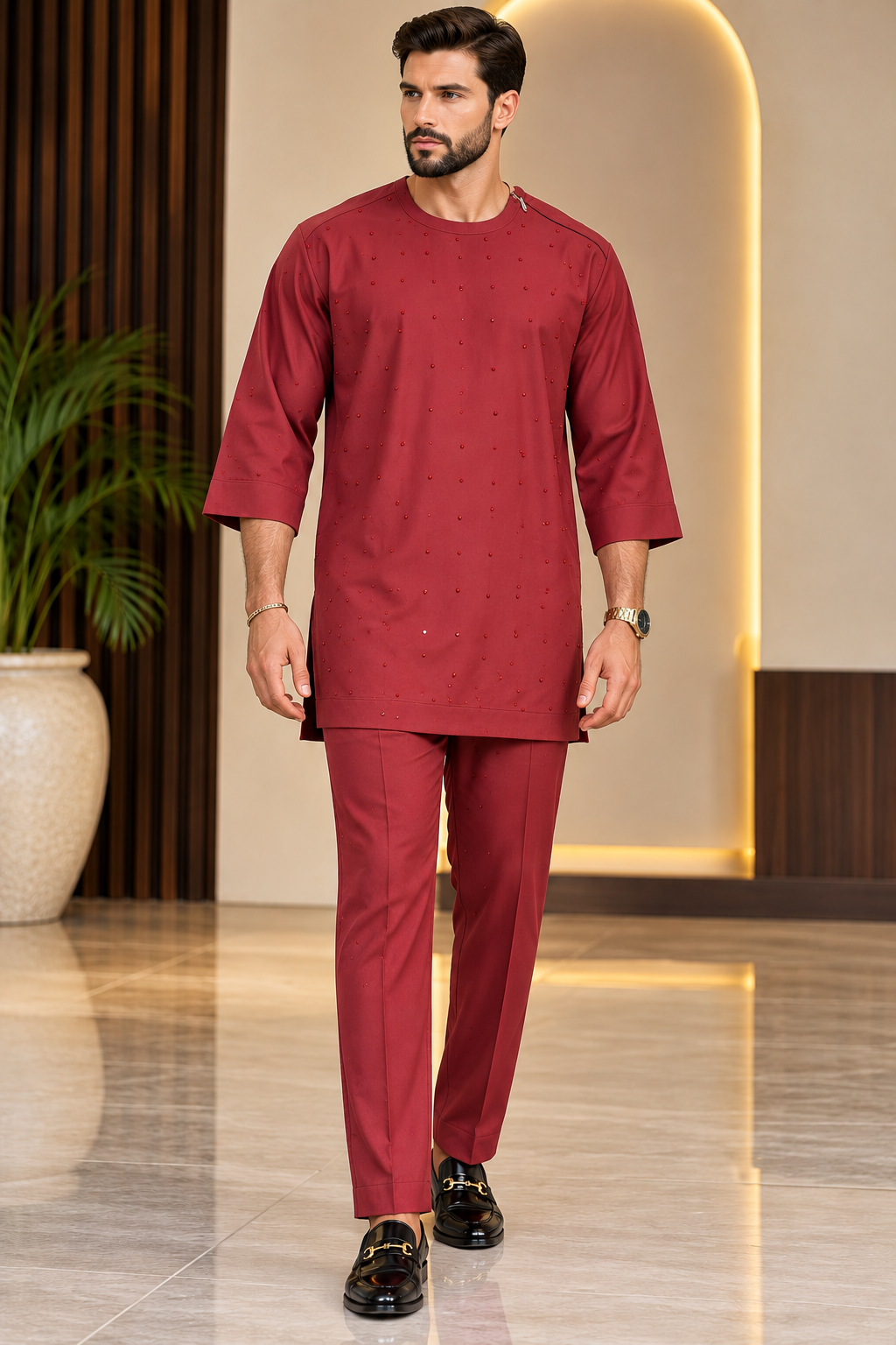 Men's Burgundy Jonkoso Crepe Two-Piece Kaftan Set – Fully Stone-Embellished Front | DerightFS