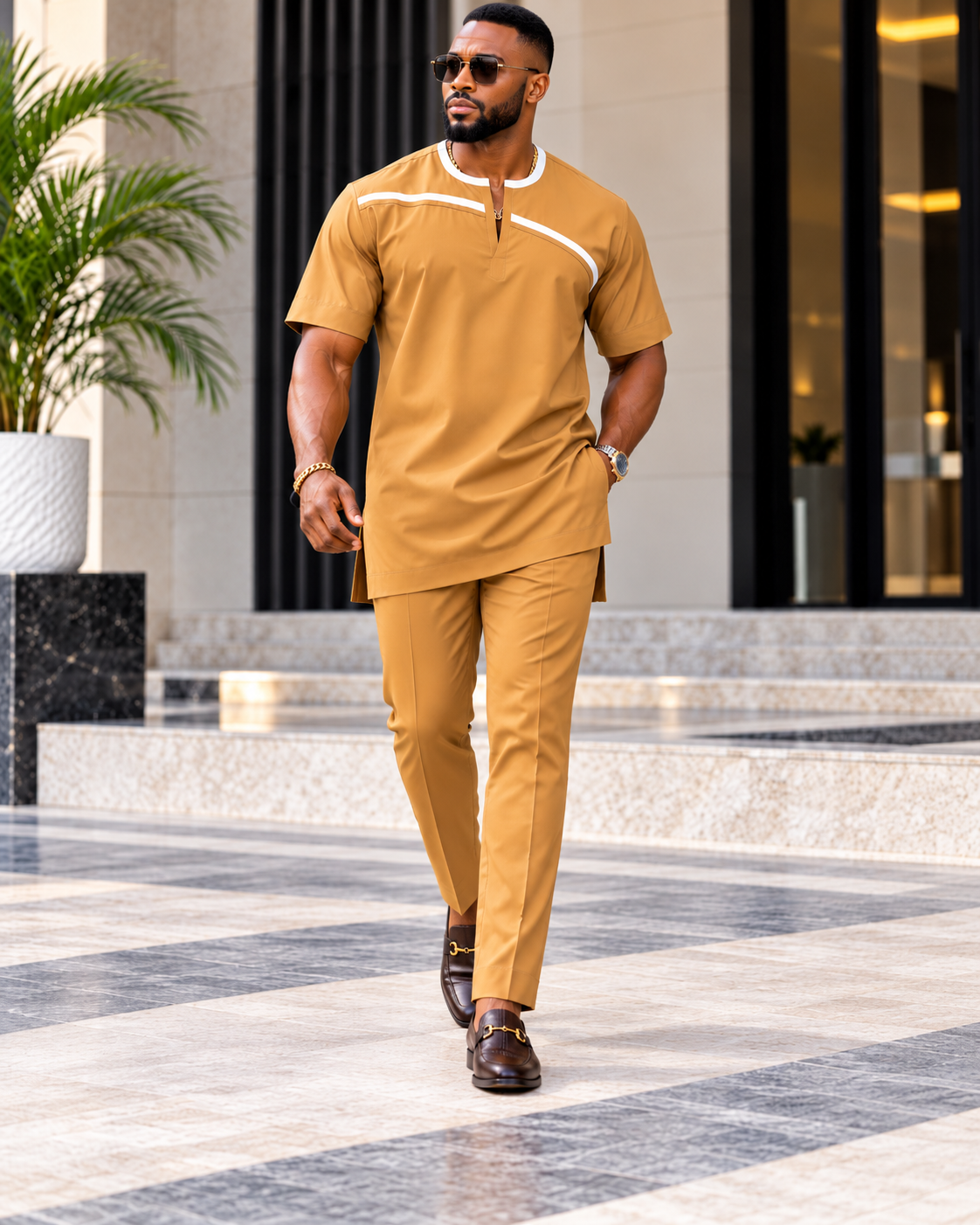 Men's Camel Gold Two-Piece Kaftan Set – Luxury African Native Wear with White Trim | DerightFS