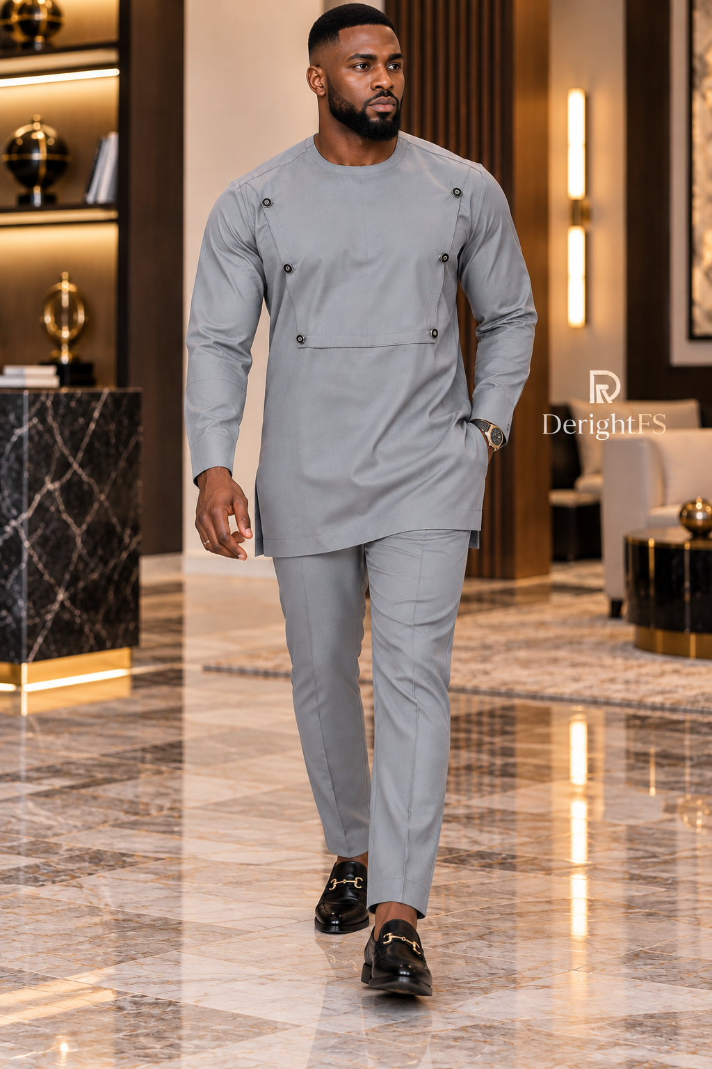 Men's Light Grey Two-Piece Kaftan Set – Luxury African Senator Wear with Button Detailing | DerightFS