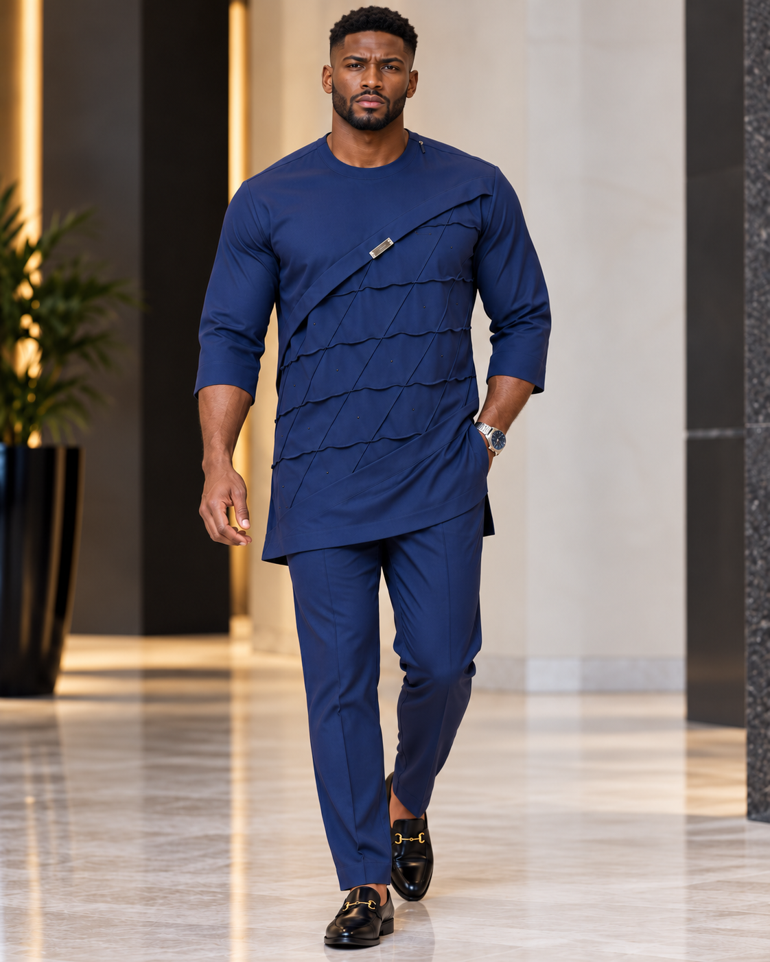 Men's Navy Blue Jonkoso Stone-Embellished Pleated Kaftan Set – Luxury African Menswear | DerightFS