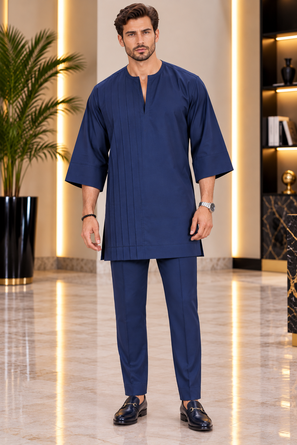 Men's Navy Blue Pleated Two-Piece Kaftan Set – Luxury African Senator Wear | DerightFS