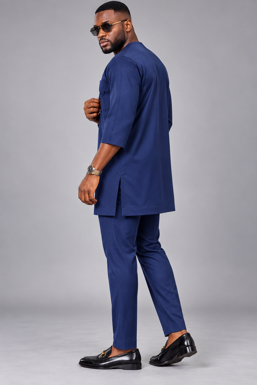 Men's Navy Blue Two-Piece Kaftan Set – Luxury African Senator Wear with Designer Pocket | DerightFS