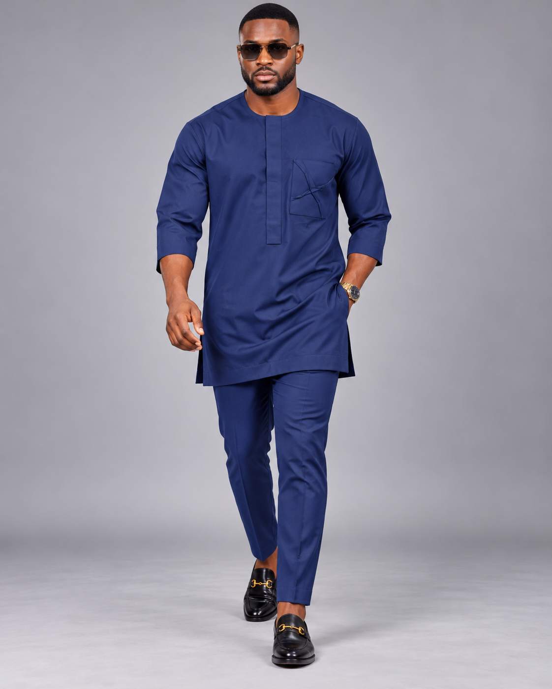 Men's Navy Blue Two-Piece Kaftan Set – Luxury African Senator Wear with Designer Pocket | DerightFS