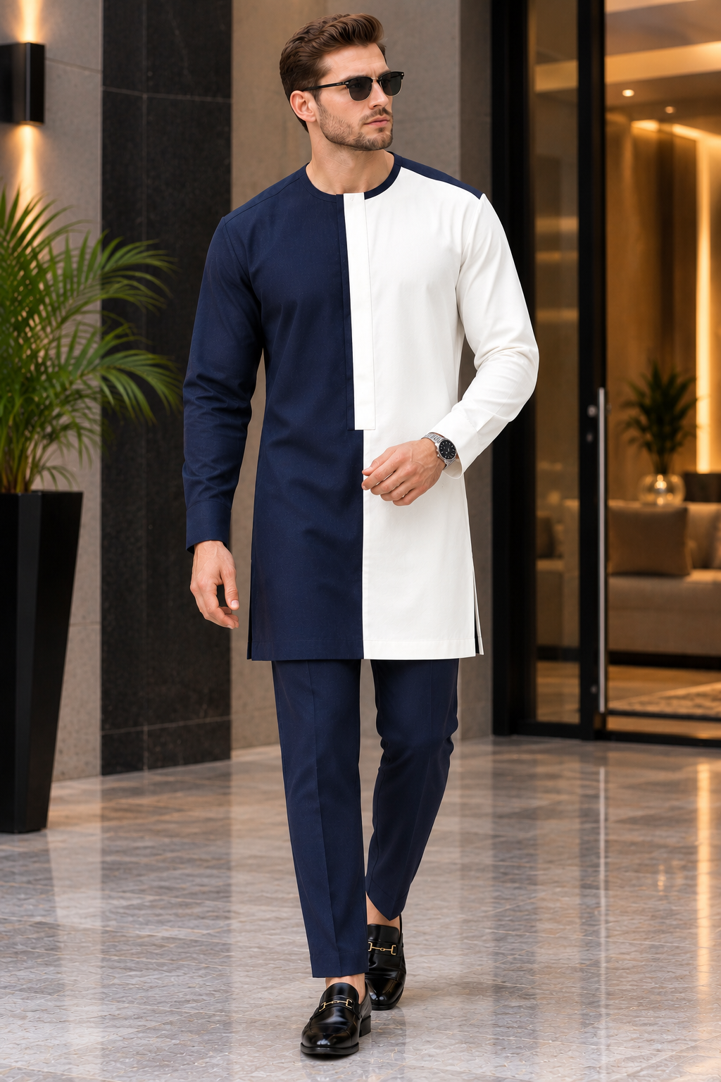 Men’s Navy Blue and White Colour Block Kaftan Set with Trousers | DerightFS