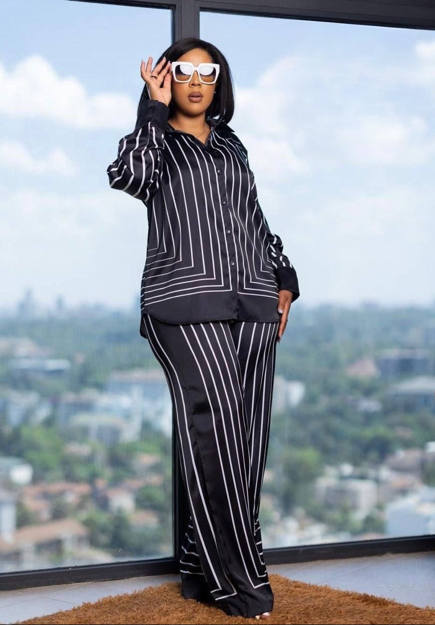 Black Striped Two Piece Pants Set – Long Sleeve Button Down Top & Wide Leg Pants Co-Ord Outfit