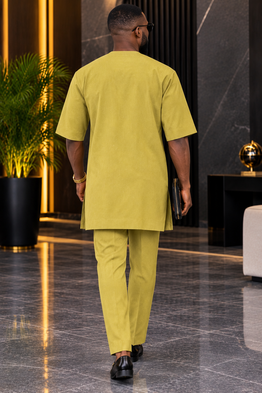Men’s Mustard Yellow Embroidered Kaftan Set with Matching Trousers | DerightFS