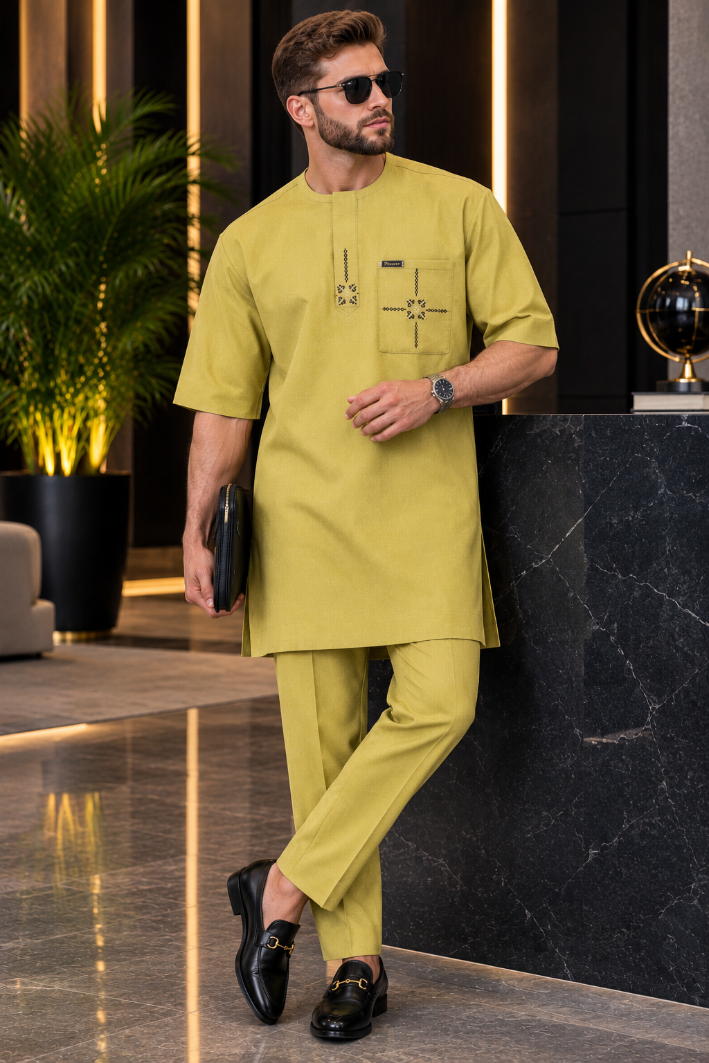 Men’s Mustard Yellow Embroidered Kaftan Set with Matching Trousers | DerightFS