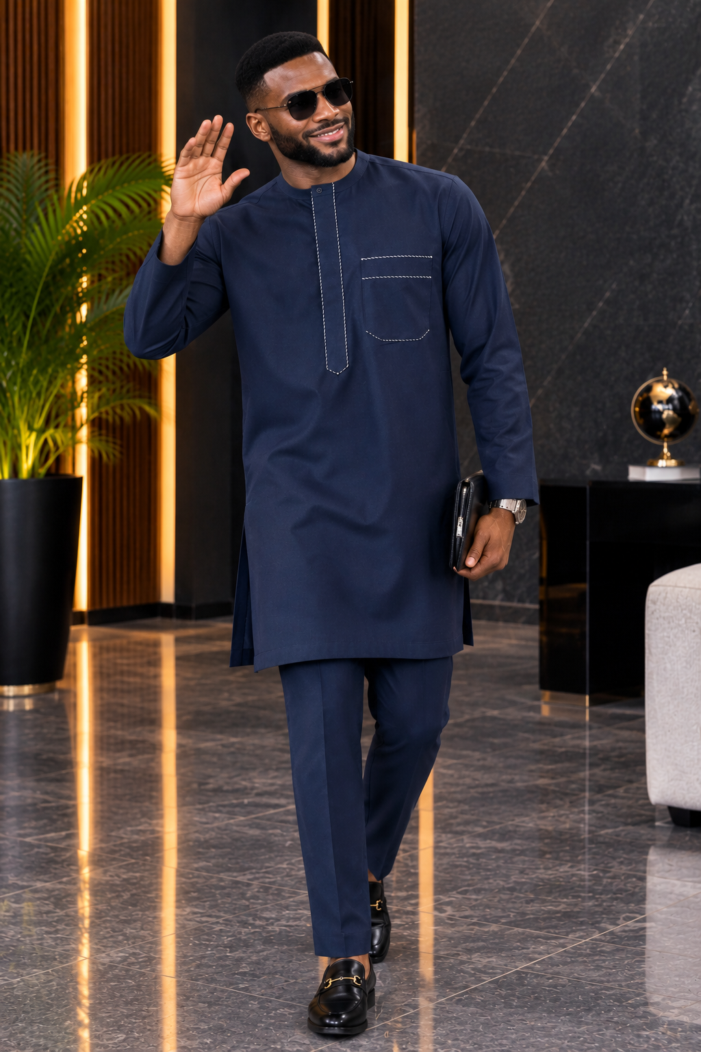 Men’s Navy Blue Embroidered Kaftan Set with Matching Trousers | DerightFS