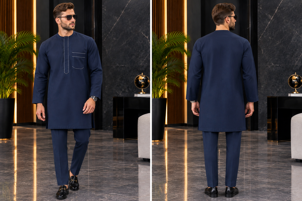 Men’s Navy Blue Embroidered Kaftan Set with Matching Trousers | DerightFS
