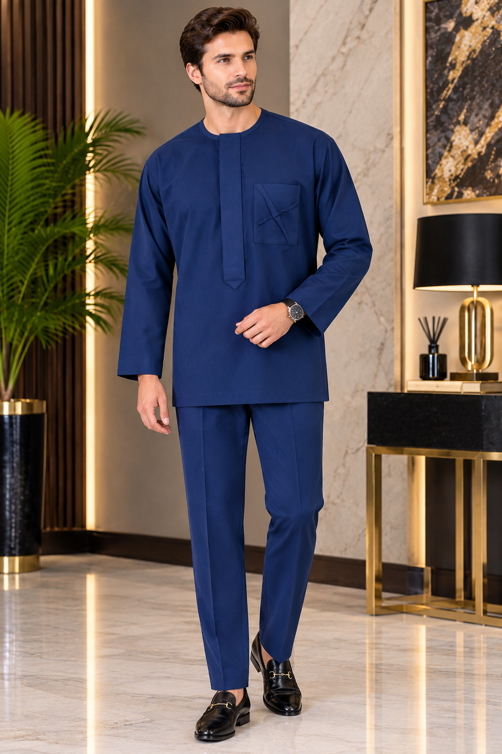 Men’s Royal Blue Traditional Kaftan Set with Embroidered Pocket Detail