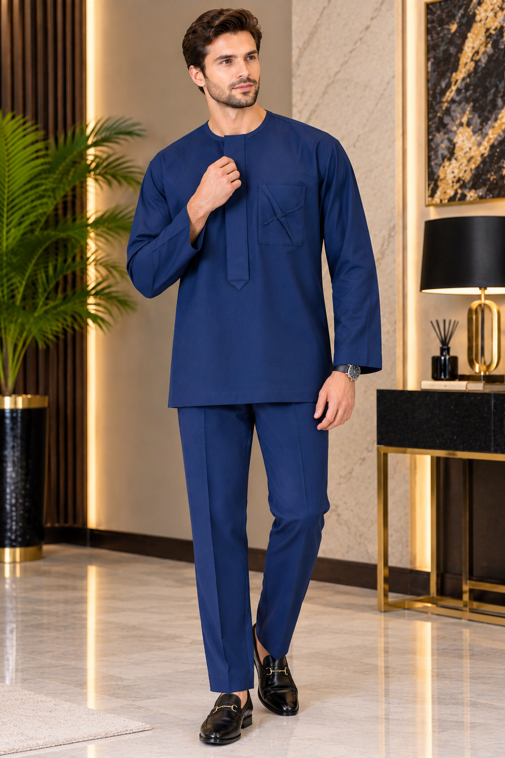 Men’s Royal Blue Traditional Kaftan Set with Embroidered Pocket Detail
