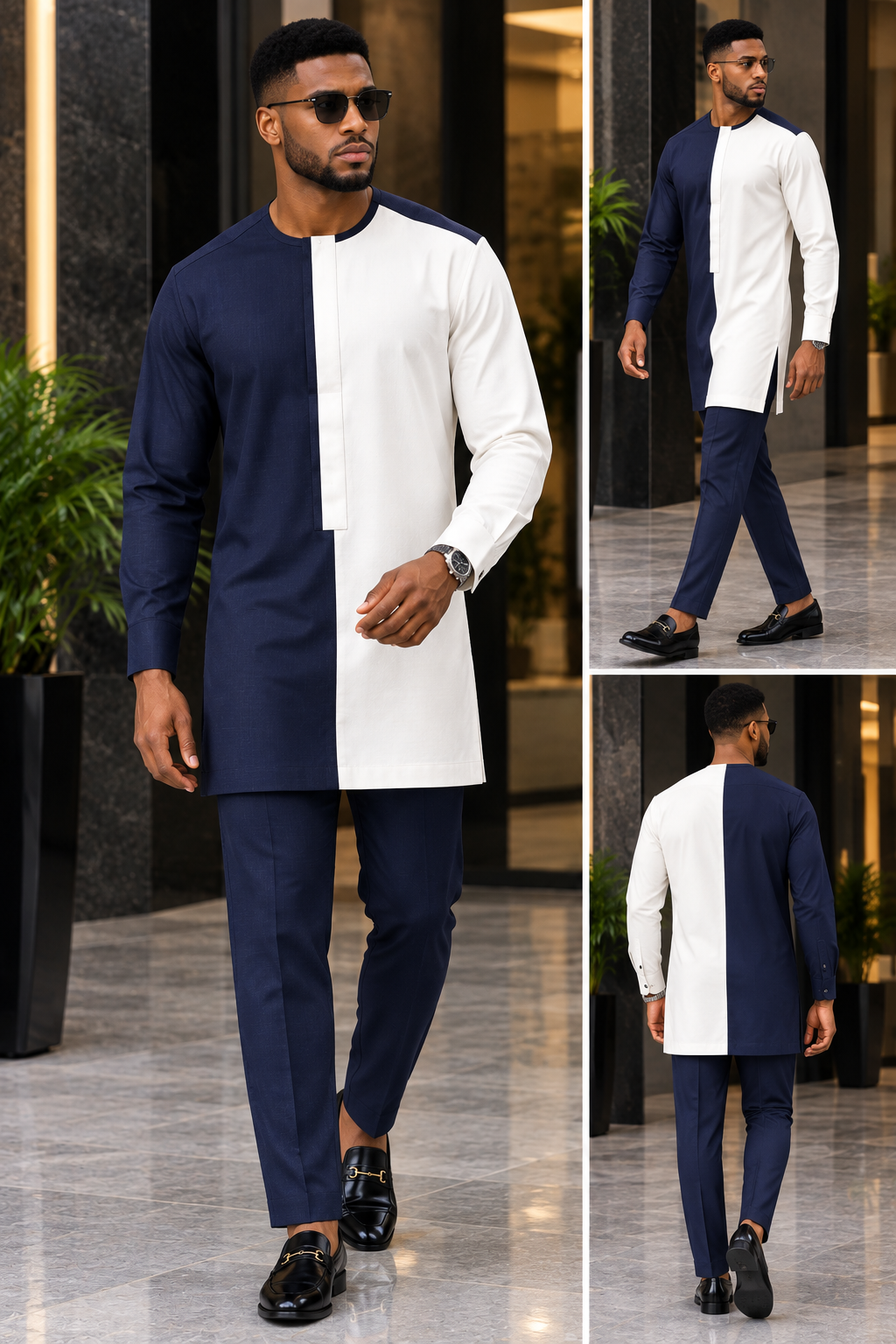 Men’s Navy Blue and White Colour Block Kaftan Set with Trousers | DerightFS