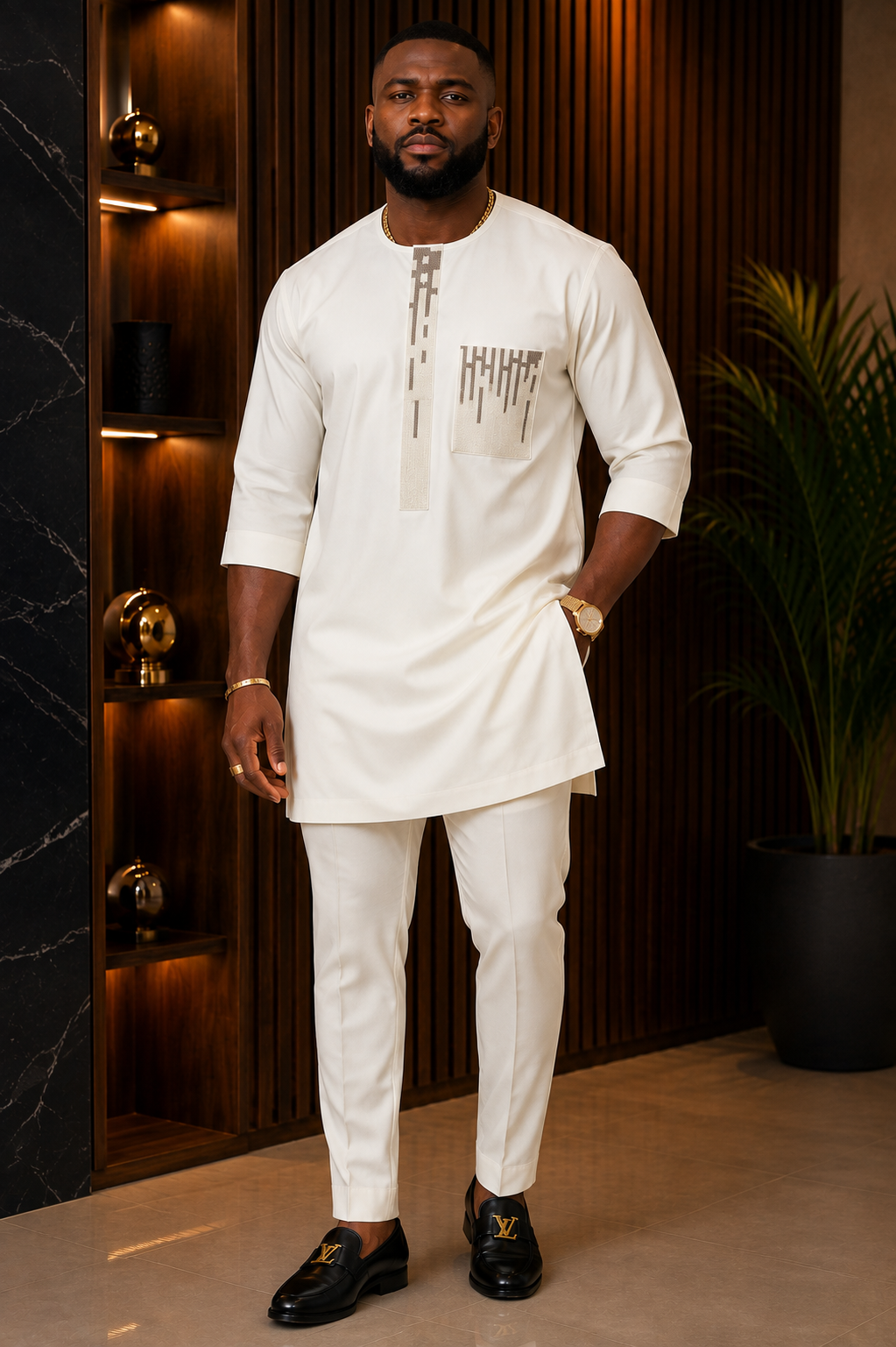 DerightFS Men's White Embroidered Kaftan | Short Sleeve African Tunic with Geometric Chest Pocket Detail | Ready to Wear